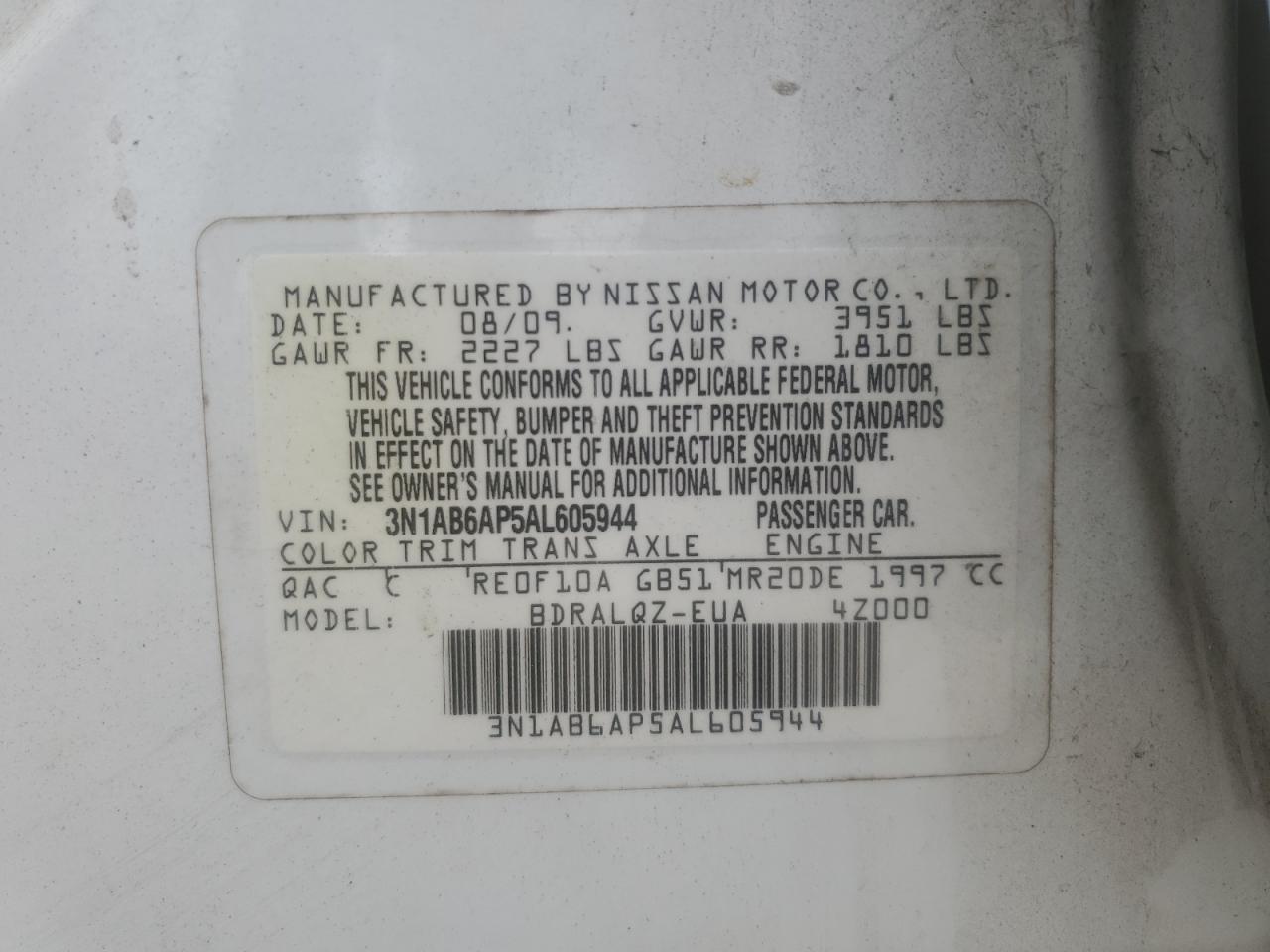 2010 Nissan Sentra 2.0 VIN: 3N1AB6AP5AL605944 Lot: 82230365