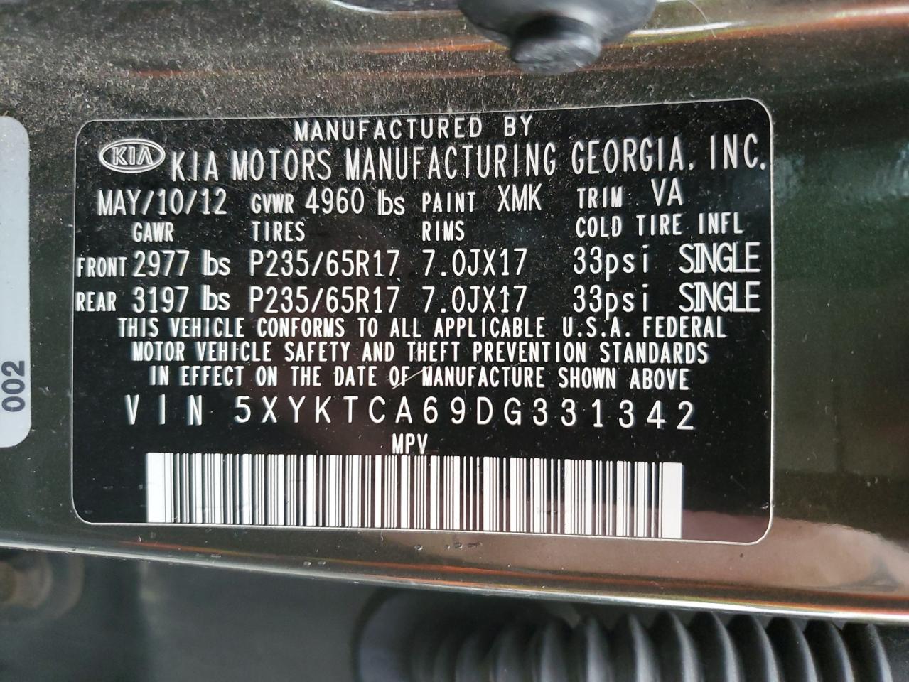 2013 Kia Sorento Lx VIN: 5XYKTCA69DG331342 Lot: 85158895