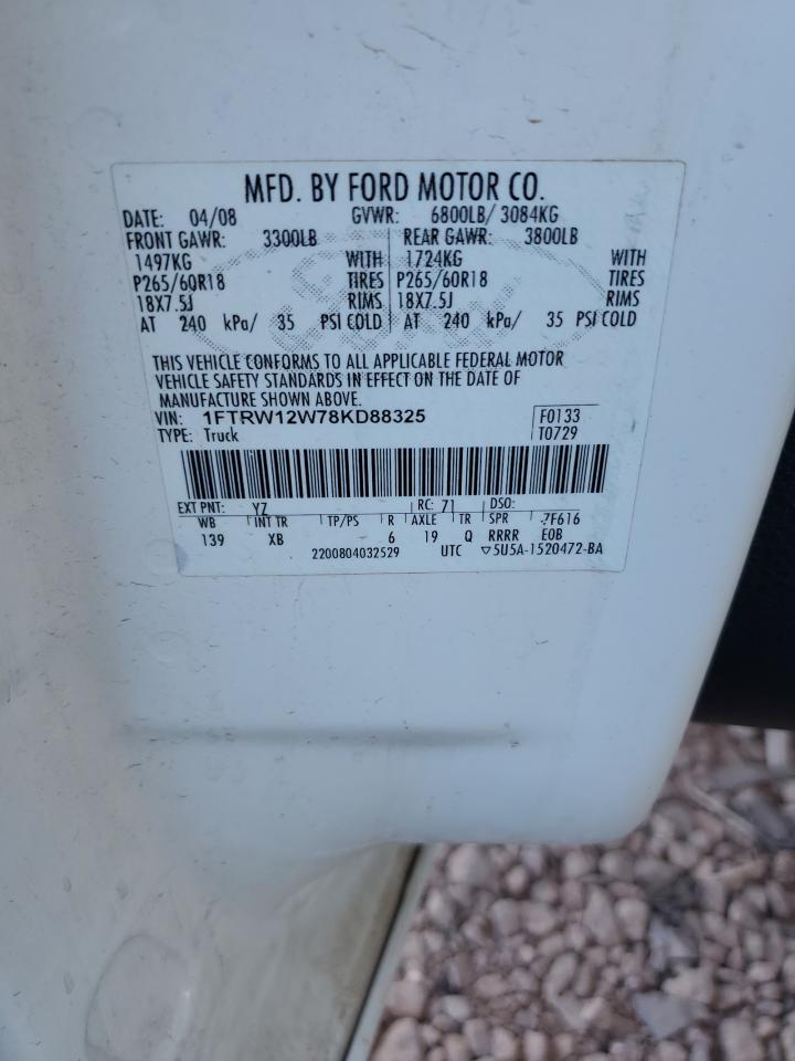 2008 Ford F150 Supercrew VIN: 1FTRW12W78KD88325 Lot: 85152385