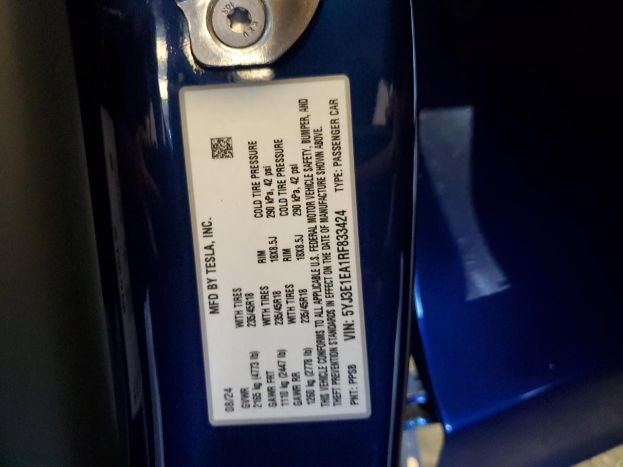 2024 Tesla Model 3 VIN: 5YJ3E1EA1RF833424 Lot: 86896935