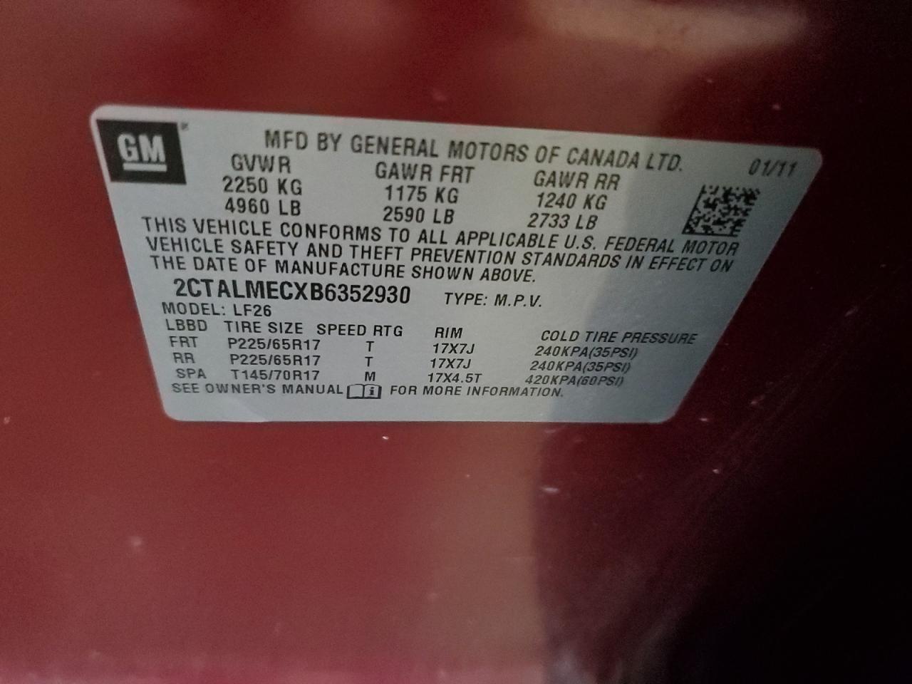 2011 GMC Terrain Sle VIN: 2CTALMECXB6352930 Lot: 85861325