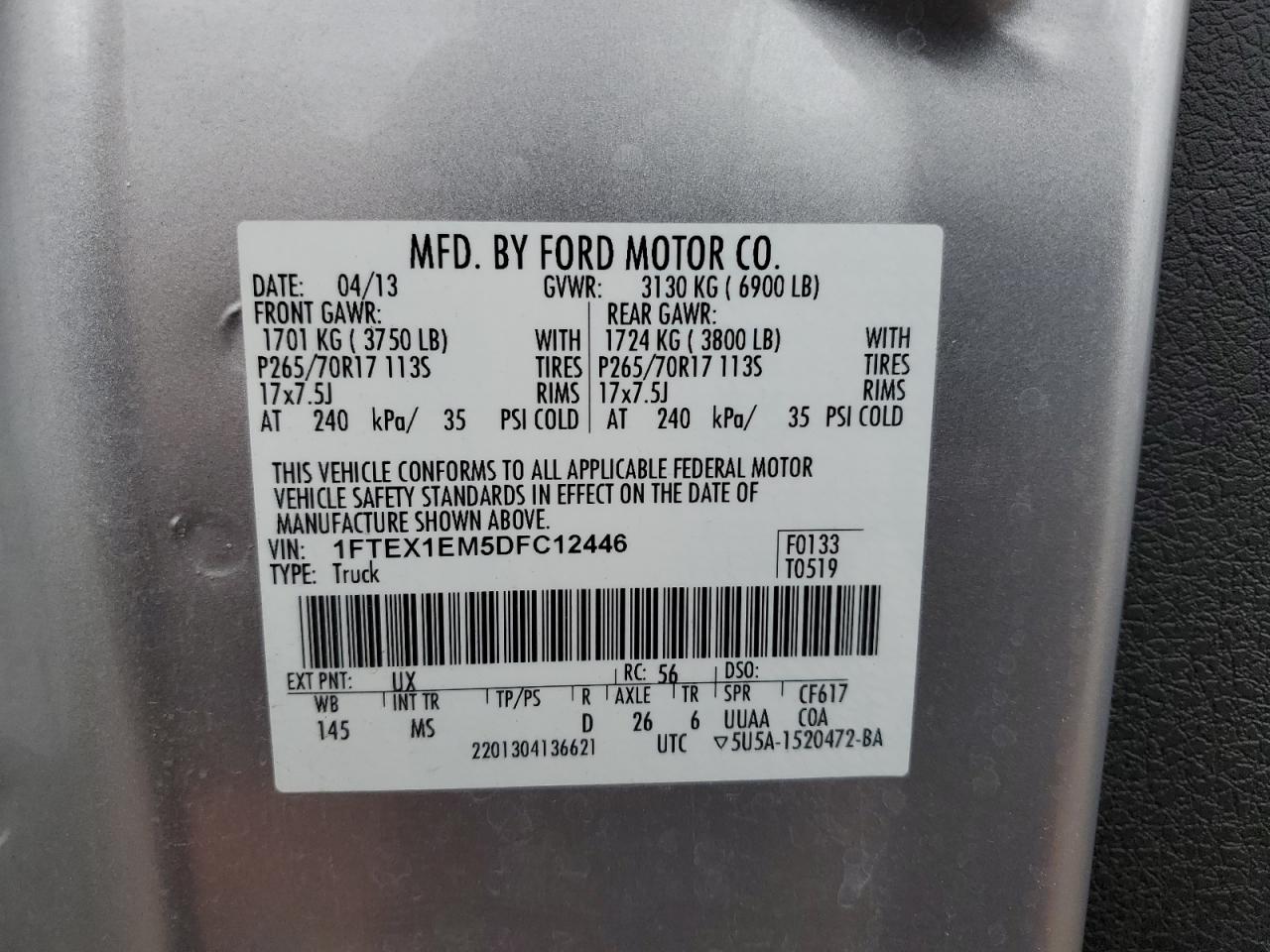 2013 Ford F150 Super Cab VIN: 1FTEX1EM5DFC12446 Lot: 84481805