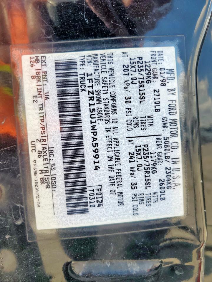 1998 Ford Ranger Super Cab VIN: 1FTZR15U1WPA59914 Lot: 85571325