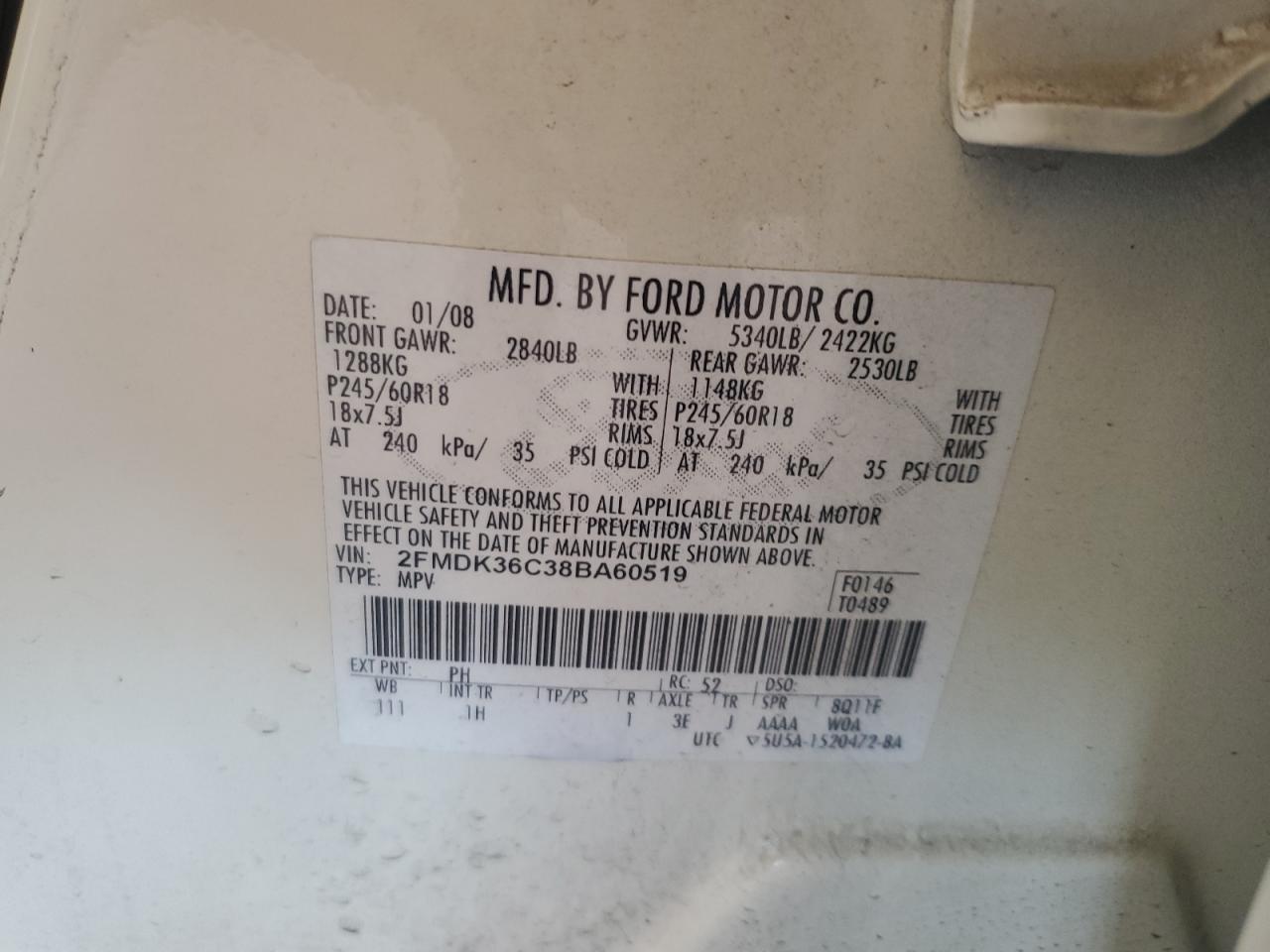 2008 Ford Edge Se VIN: 2FMDK36C38BA60519 Lot: 85539655