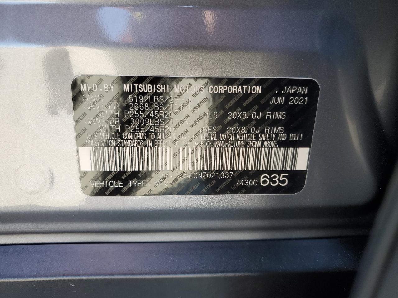 2022 Mitsubishi Outlander Se VIN: JA4J3UA80NZ021337 Lot: 86092795