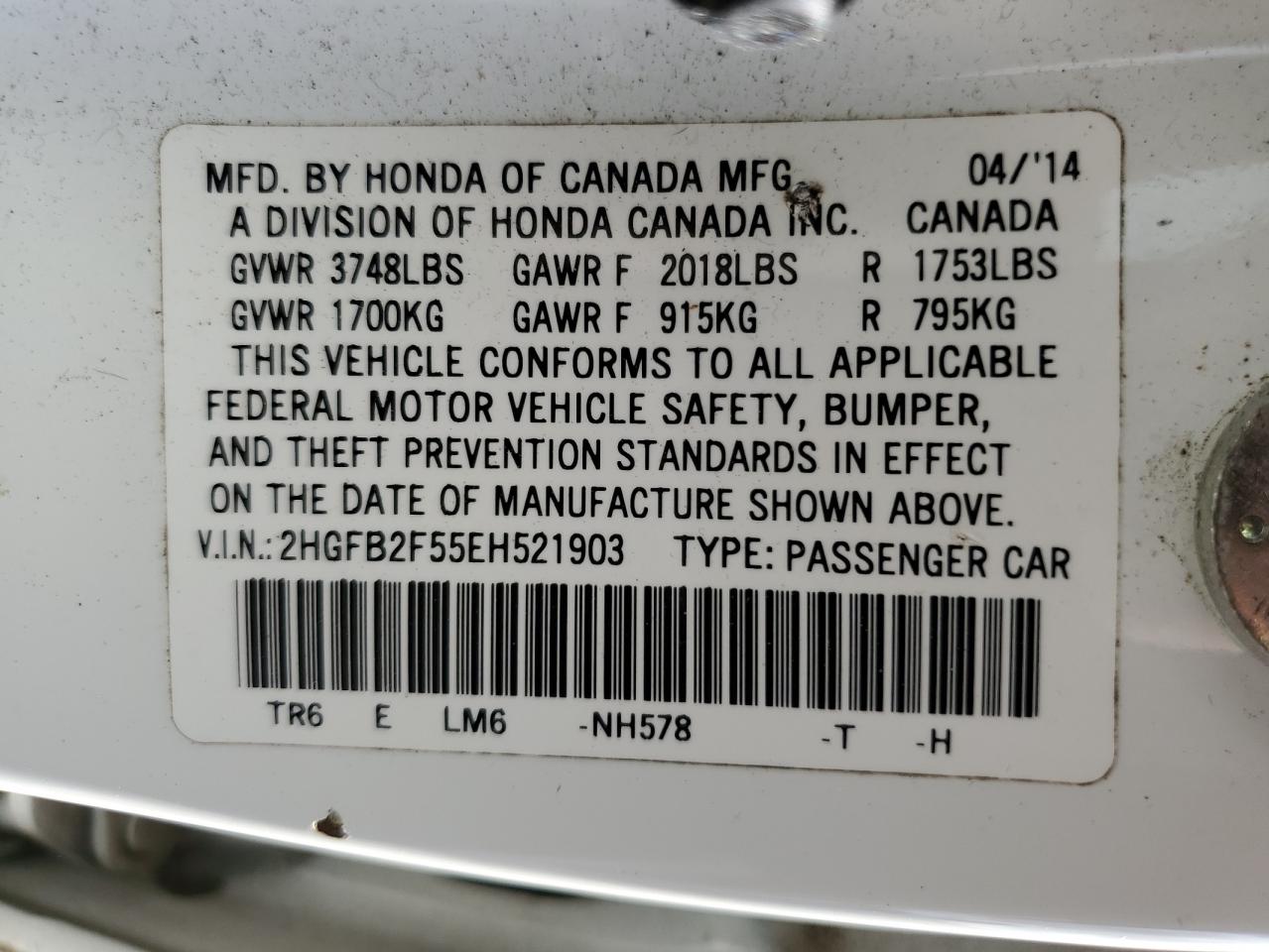 2014 Honda Civic Lx VIN: 2HGFB2F55EH521903 Lot: 84595865