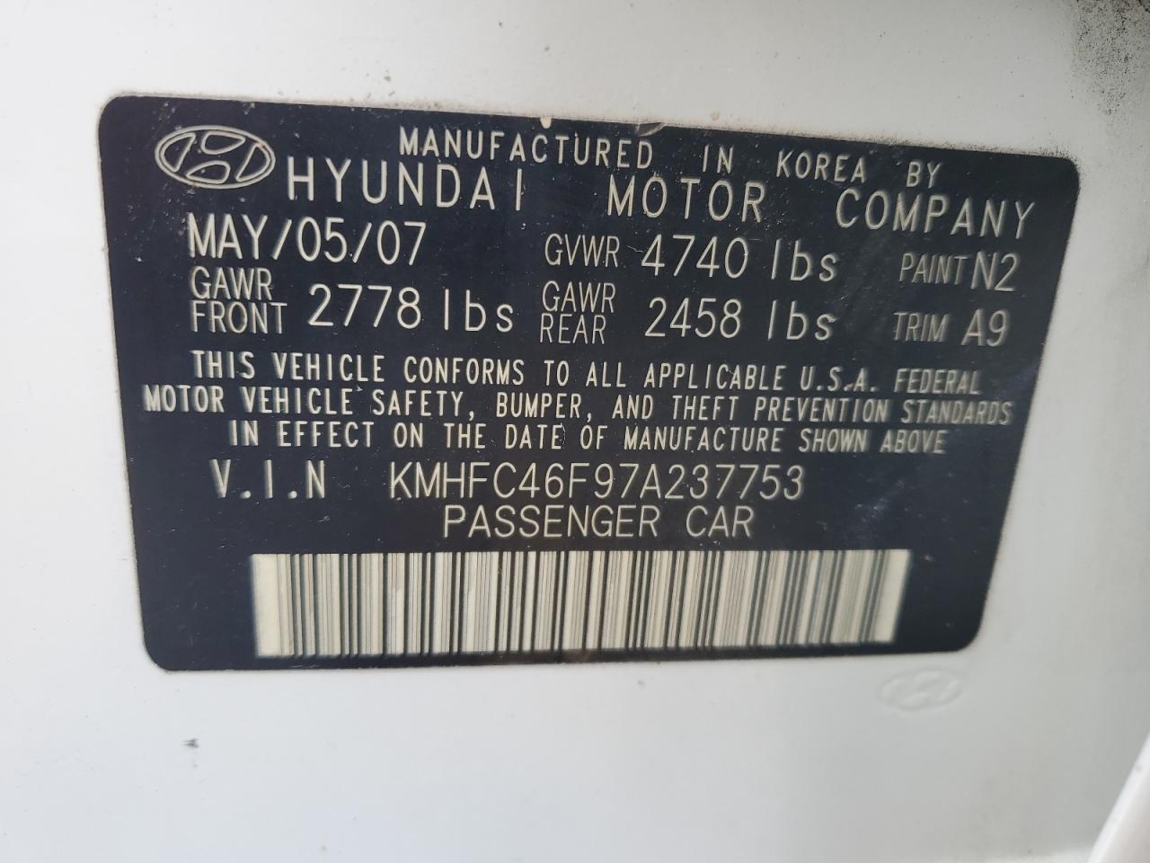2007 Hyundai Azera Se VIN: KMHFC46F97A237753 Lot: 85589005