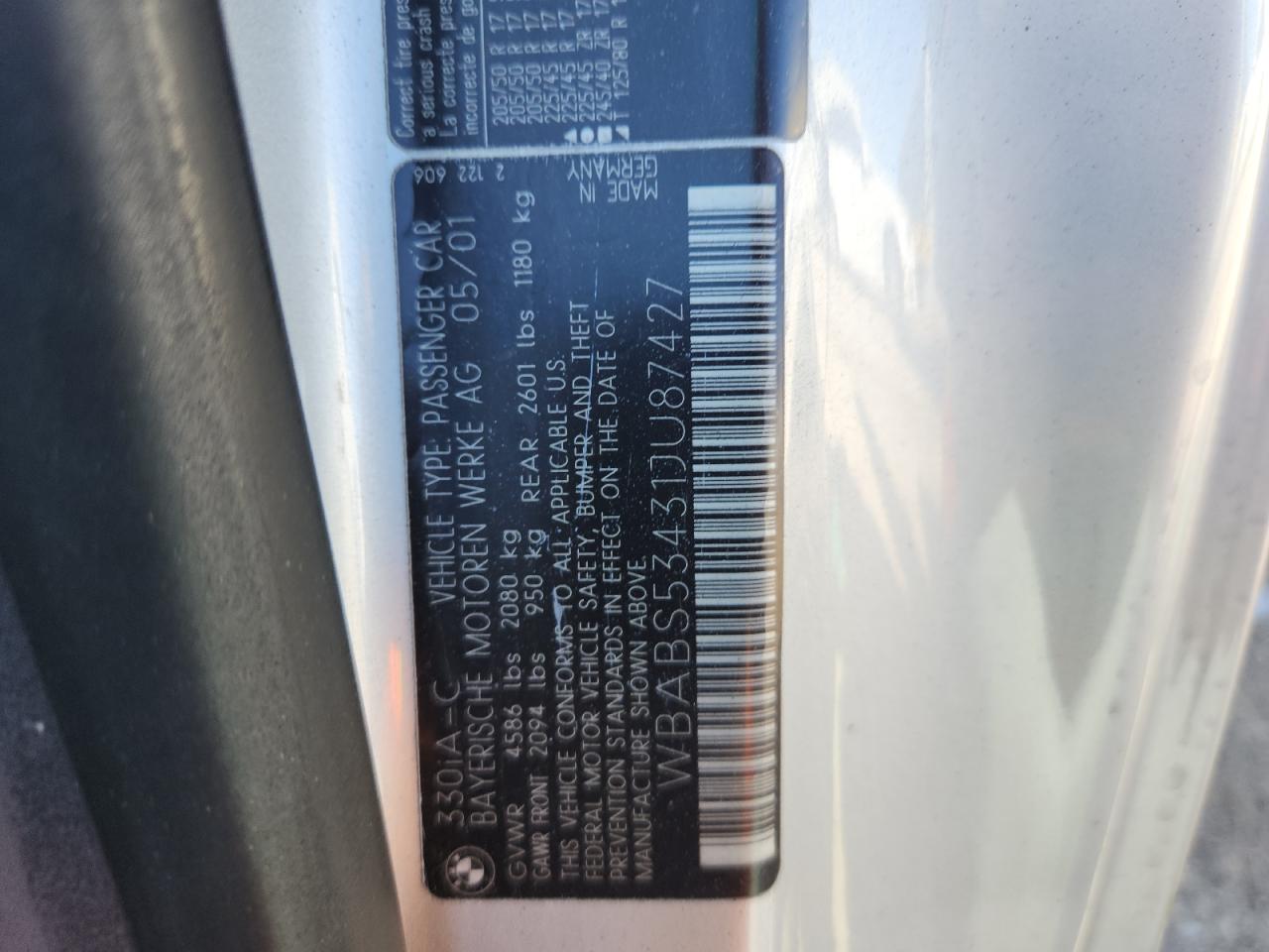 2001 BMW 330 Ci VIN: WBABS53431JU87427 Lot: 90788525