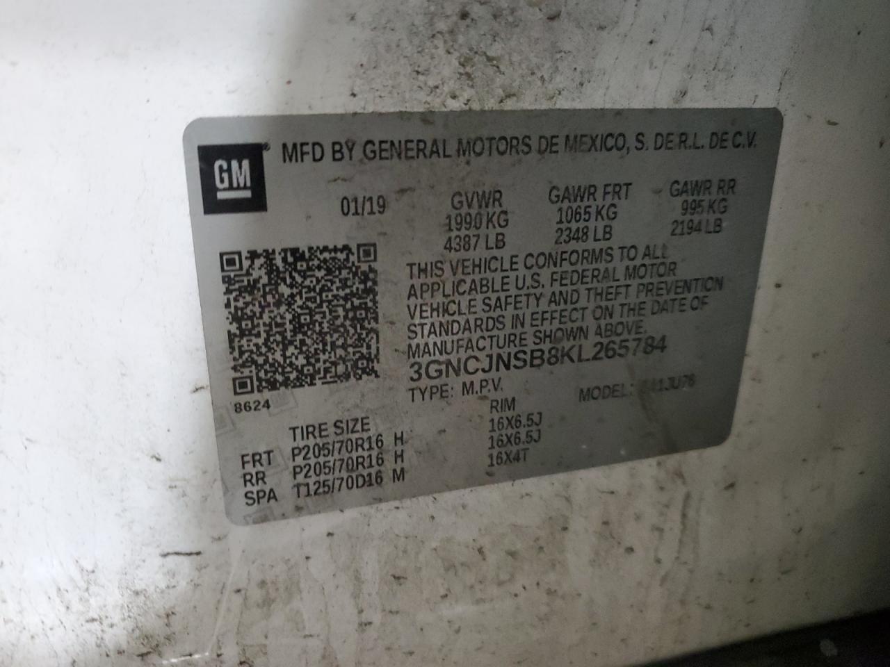 2019 Chevrolet Trax Ls VIN: 3GNCJNSB8KL265784 Lot: 82330925