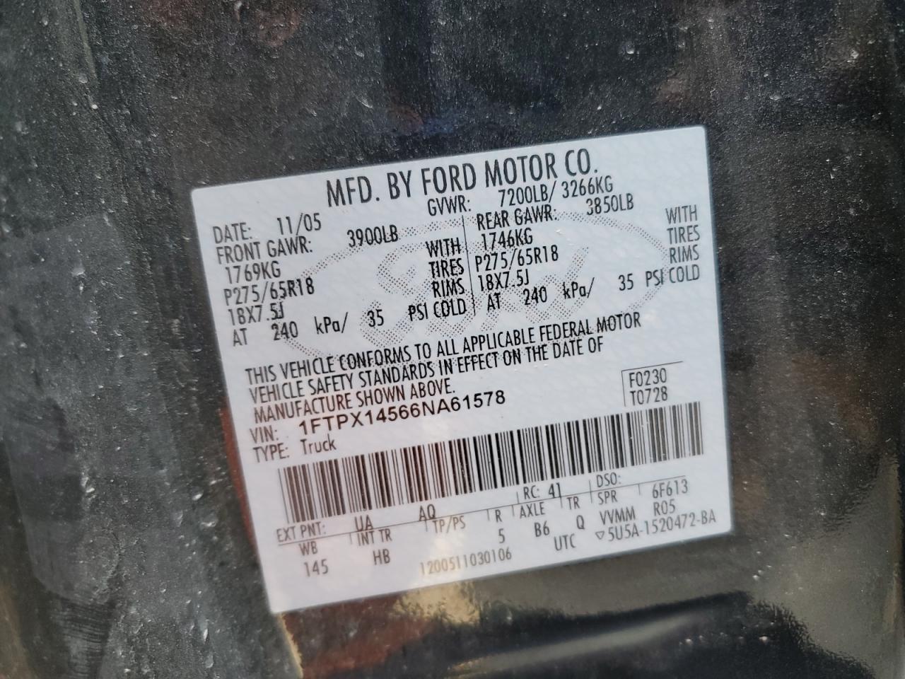 2006 Ford F150 VIN: 1FTPX14566NA61578 Lot: 85896515