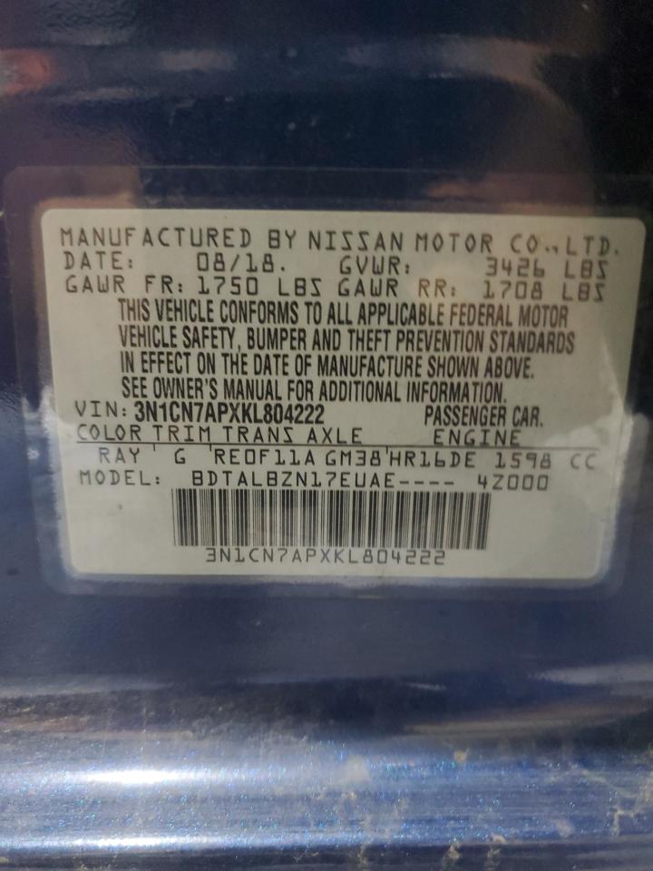 2019 Nissan Versa S VIN: 3N1CN7APXKL804222 Lot: 85559475