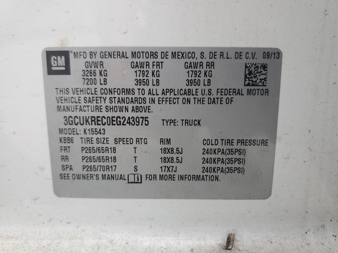 2014 Chevrolet Silverado K1500 Lt VIN: 3GCUKREC0EG243975 Lot: 82186595