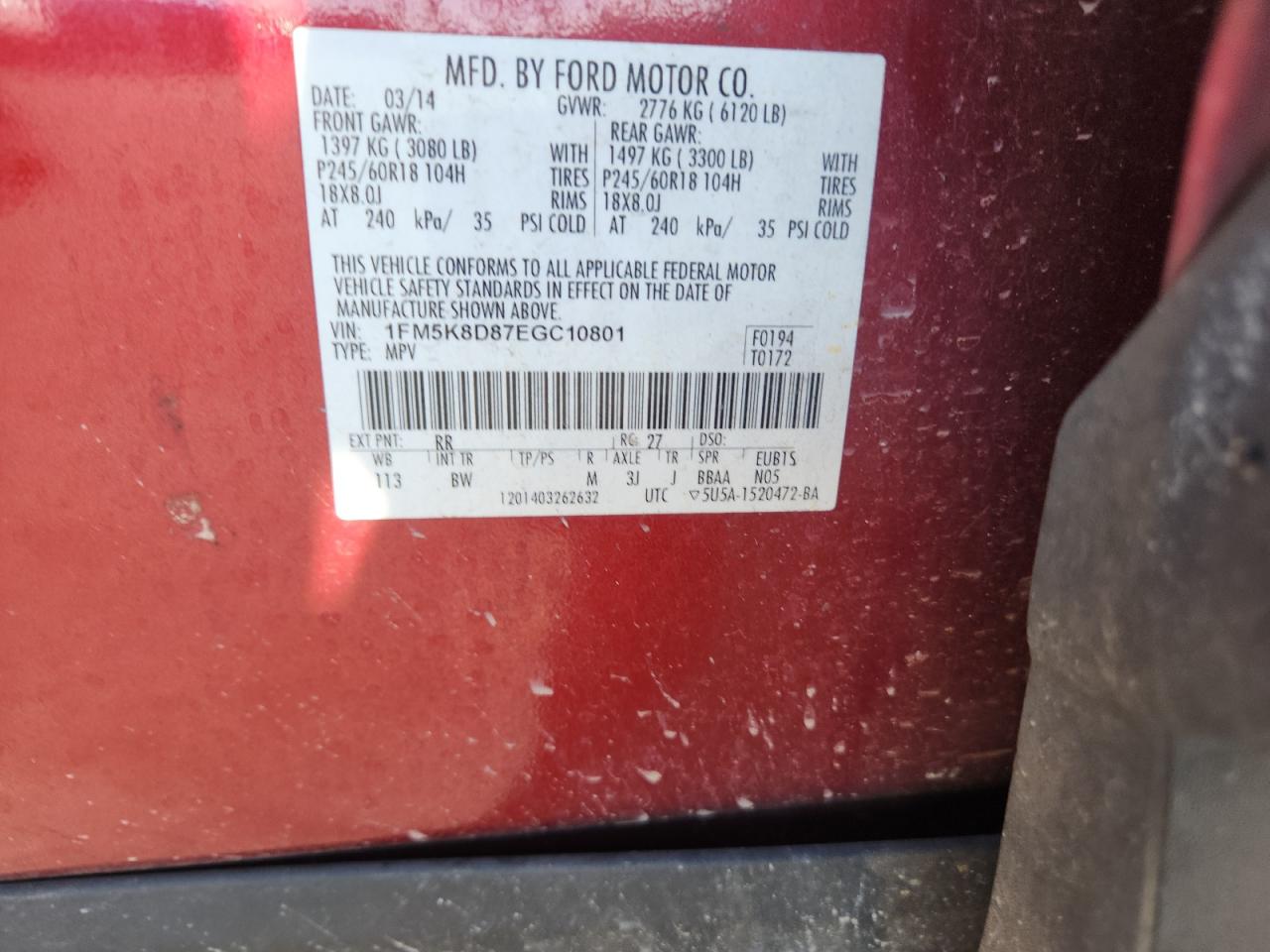 2014 Ford Explorer Xlt VIN: 1FM5K8D87EGC10801 Lot: 86257975