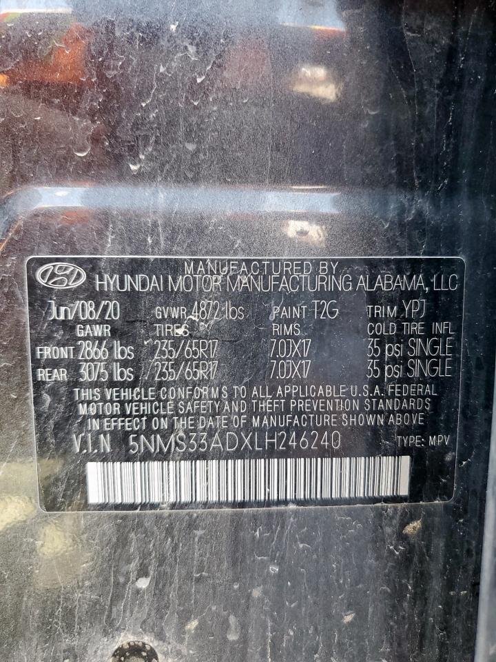 2020 Hyundai Santa Fe Sel VIN: 5NMS33ADXLH246240 Lot: 85876955