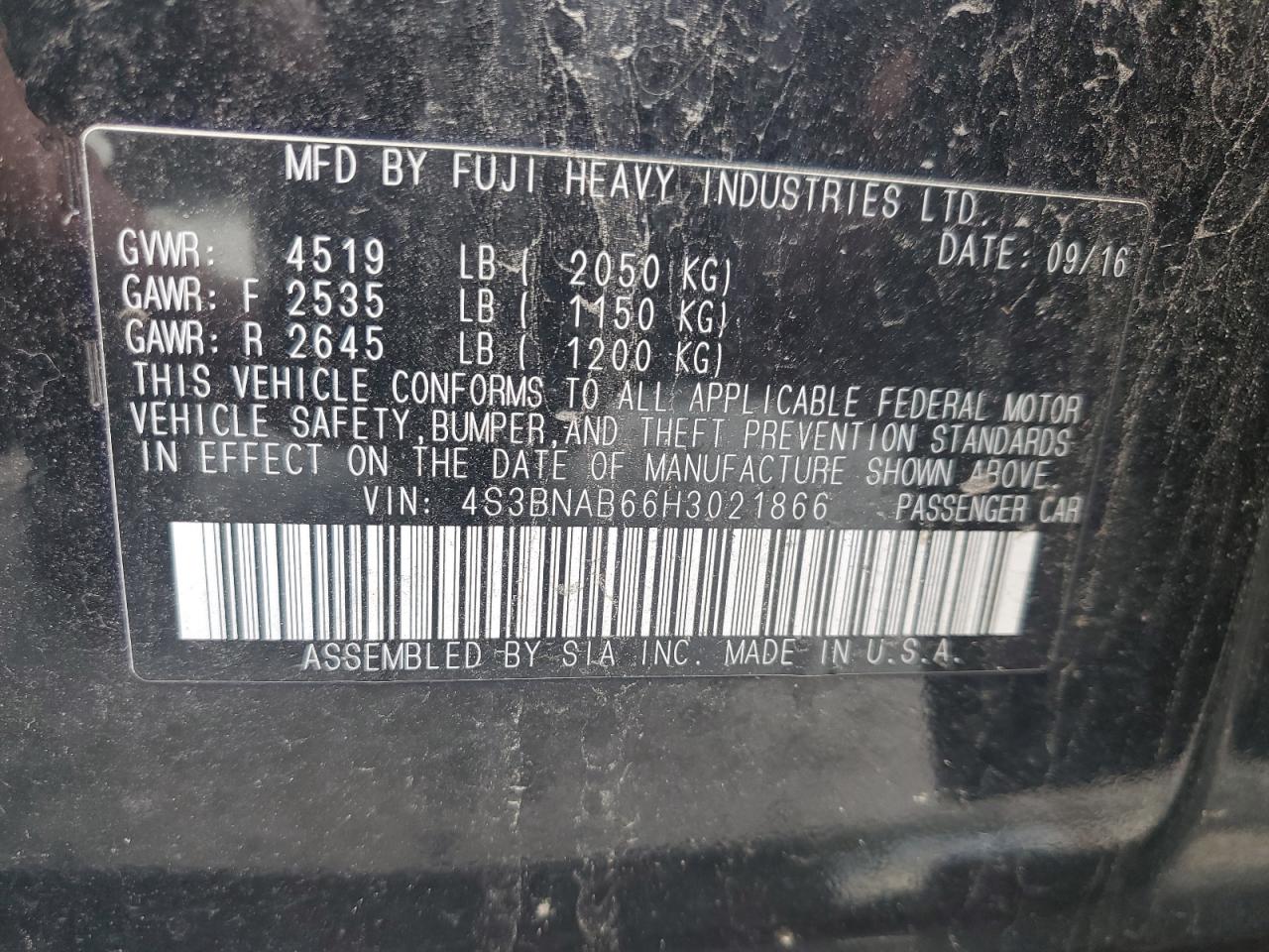 2017 Subaru Legacy 2.5I VIN: 4S3BNAB66H3021866 Lot: 89825005