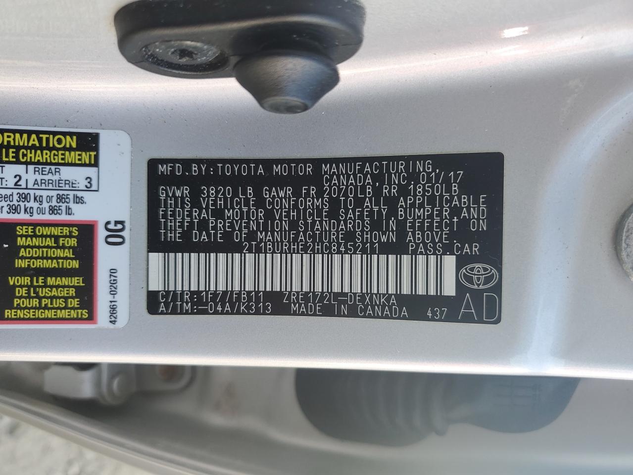 2017 Toyota Corolla L VIN: 2T1BURHE2HC845211 Lot: 84938015