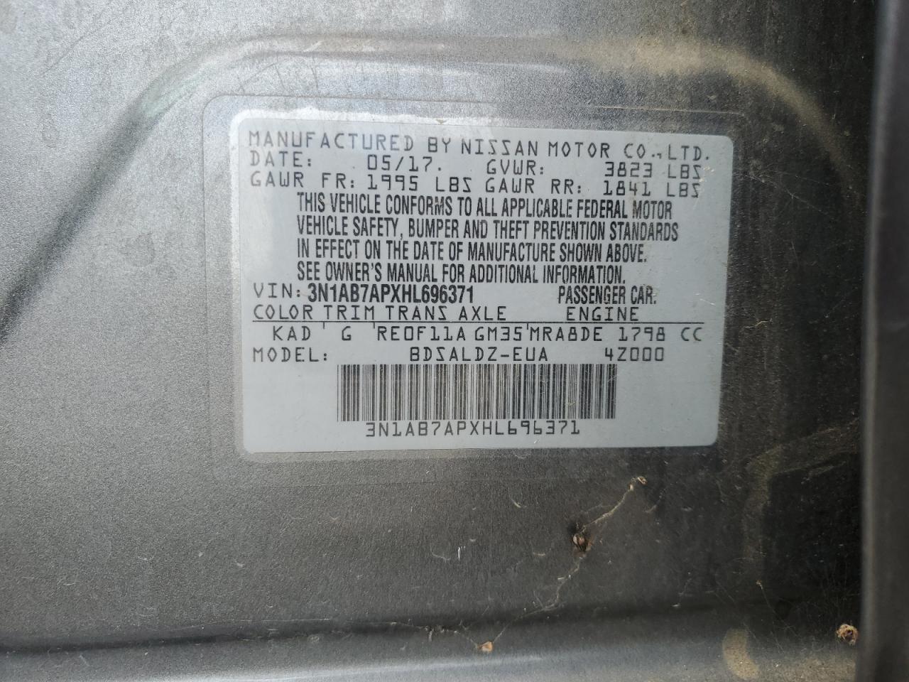 2017 Nissan Sentra S VIN: 3N1AB7APXHL696371 Lot: 82374335