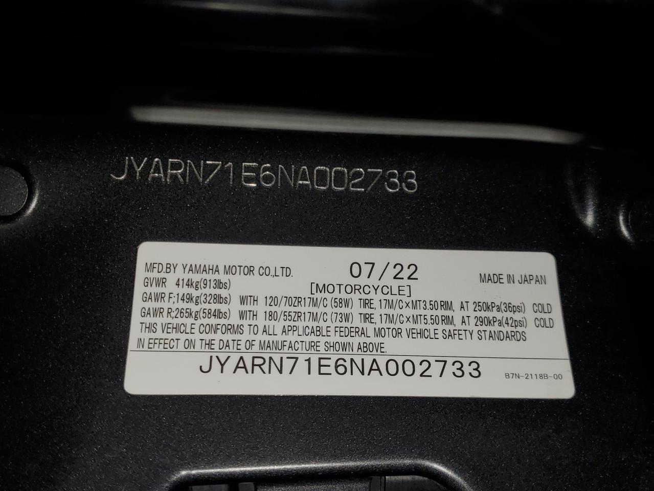 2022 Yamaha Mt09 VIN: JYARN71E6NA002733 Lot: 84629145