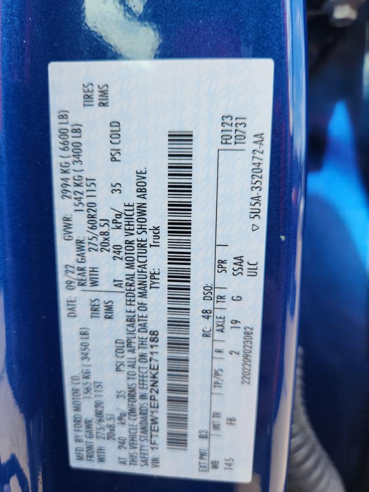 2022 Ford F150 Supercrew VIN: 1FTEW1EP2NKE71188 Lot: 87207395