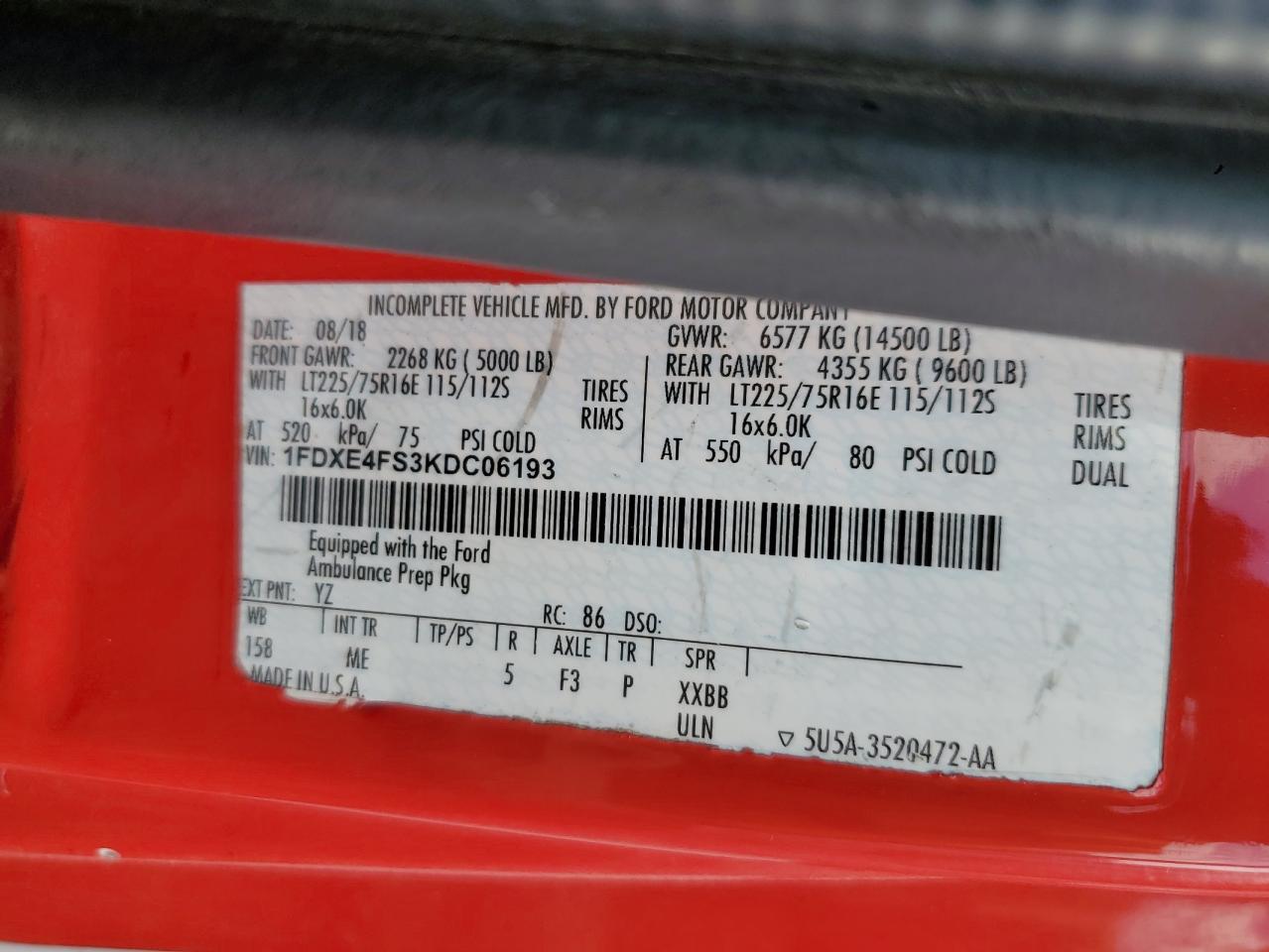 2019 Ford Econoline E450 Super Duty Cutaway Van VIN: 1FDXE4FS3KDC06193 Lot: 84238005