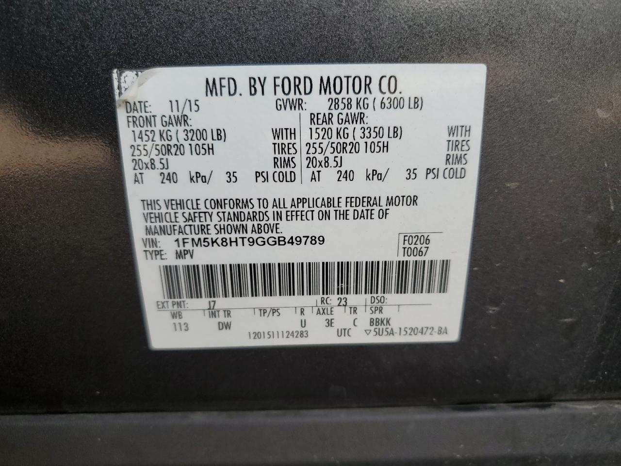 2016 Ford Explorer Platinum VIN: 1FM5K8HT9GGB49789 Lot: 85557485