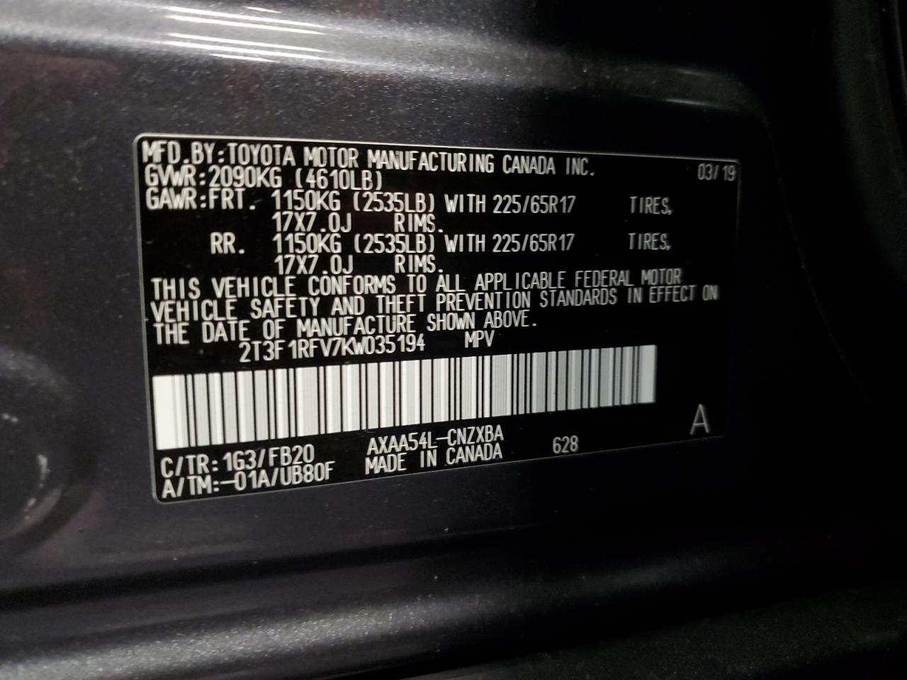 2019 Toyota Rav4 Le VIN: 2T3F1RFV7KW035194 Lot: 90041445