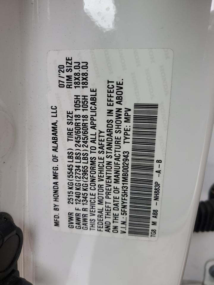 2021 Honda Pilot Ex VIN: 5FNYF5H31MB002943 Lot: 85146765