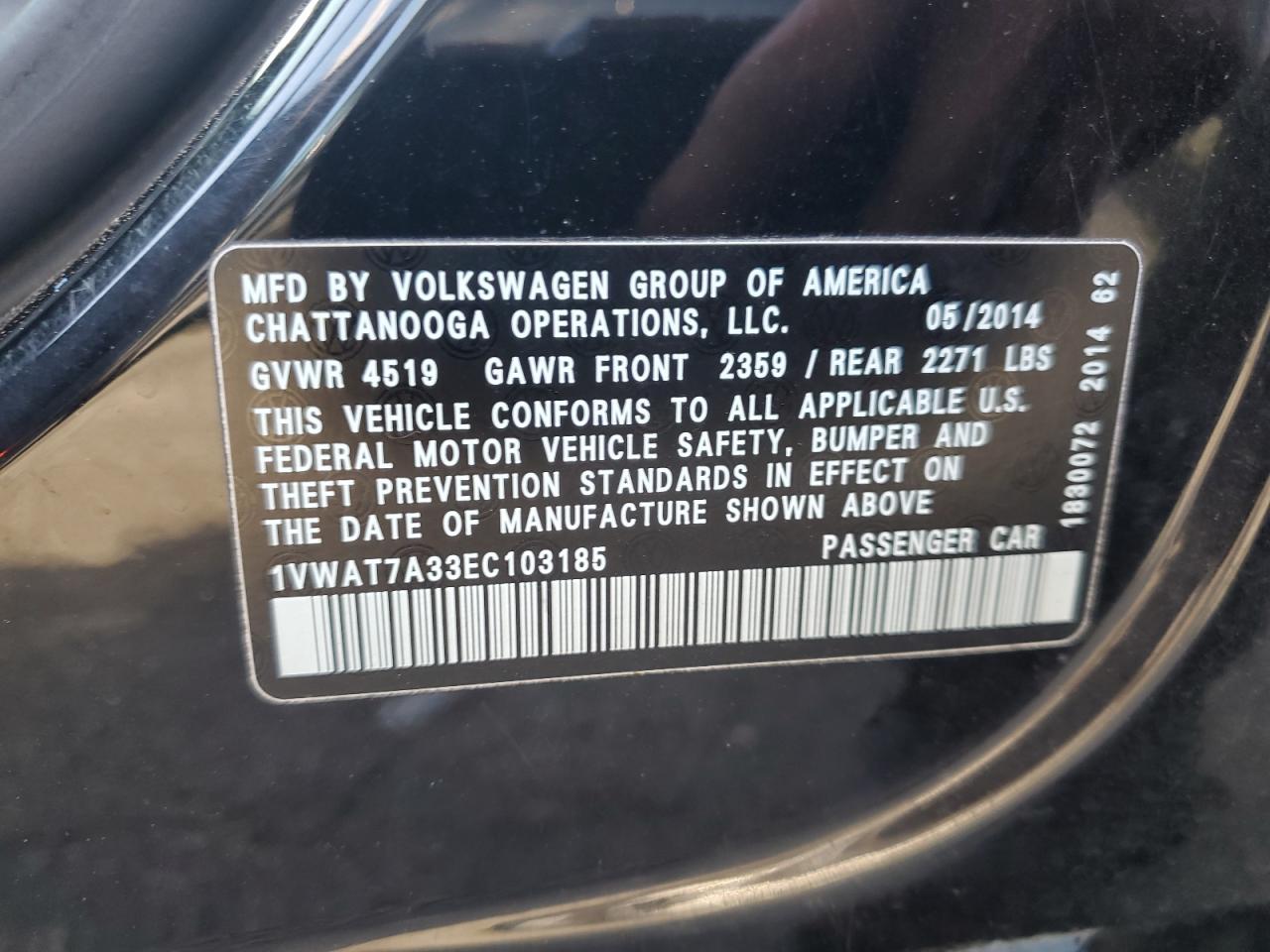 2014 Volkswagen Passat S VIN: 1VWAT7A33EC103185 Lot: 86240805