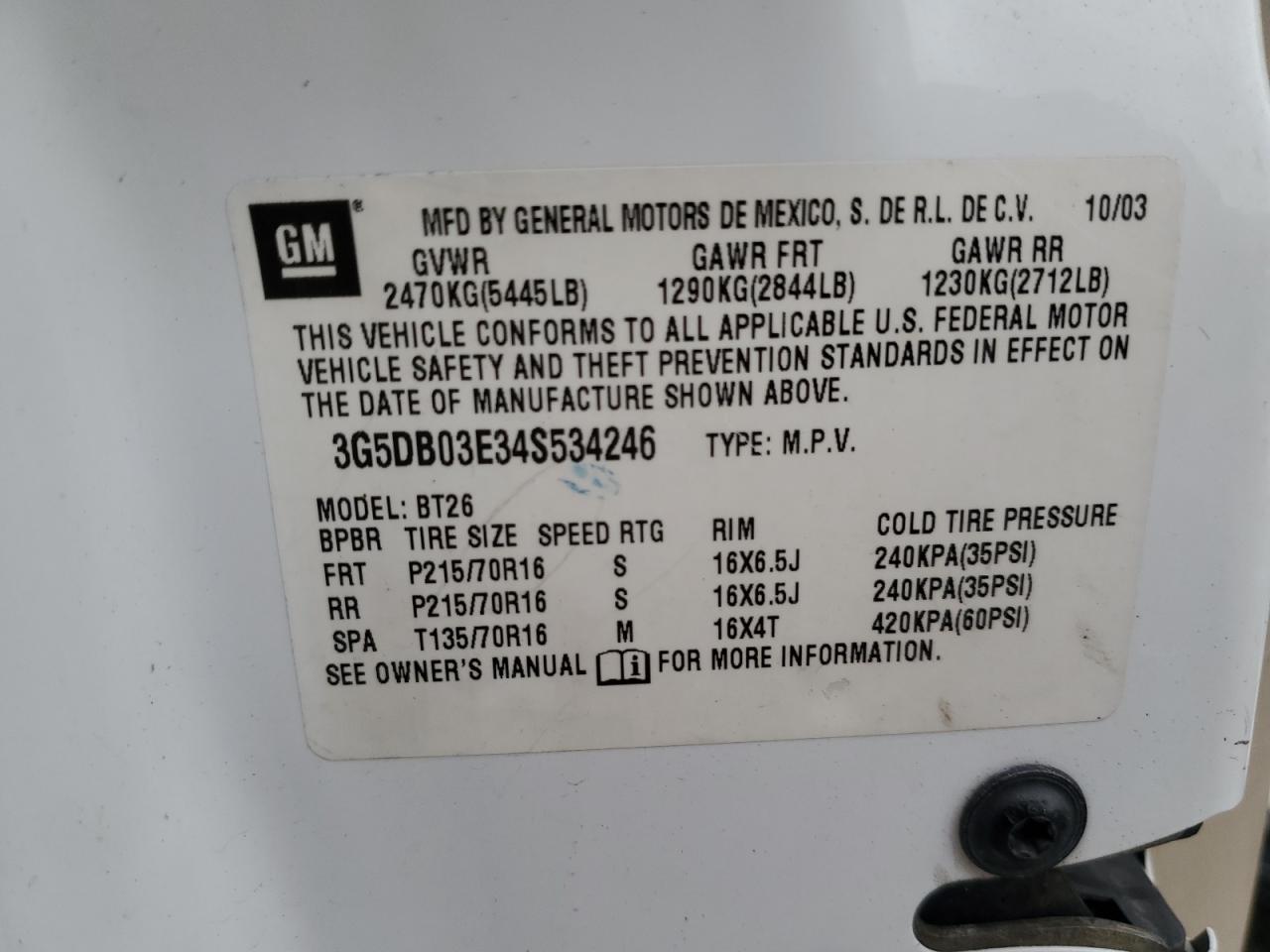 2004 Buick Rendezvous Cx VIN: 3G5DB03E34S534246 Lot: 85339925