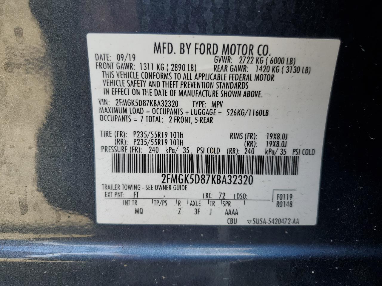 2019 Ford Flex Limited VIN: 2FMGK5D87KBA32320 Lot: 85093285