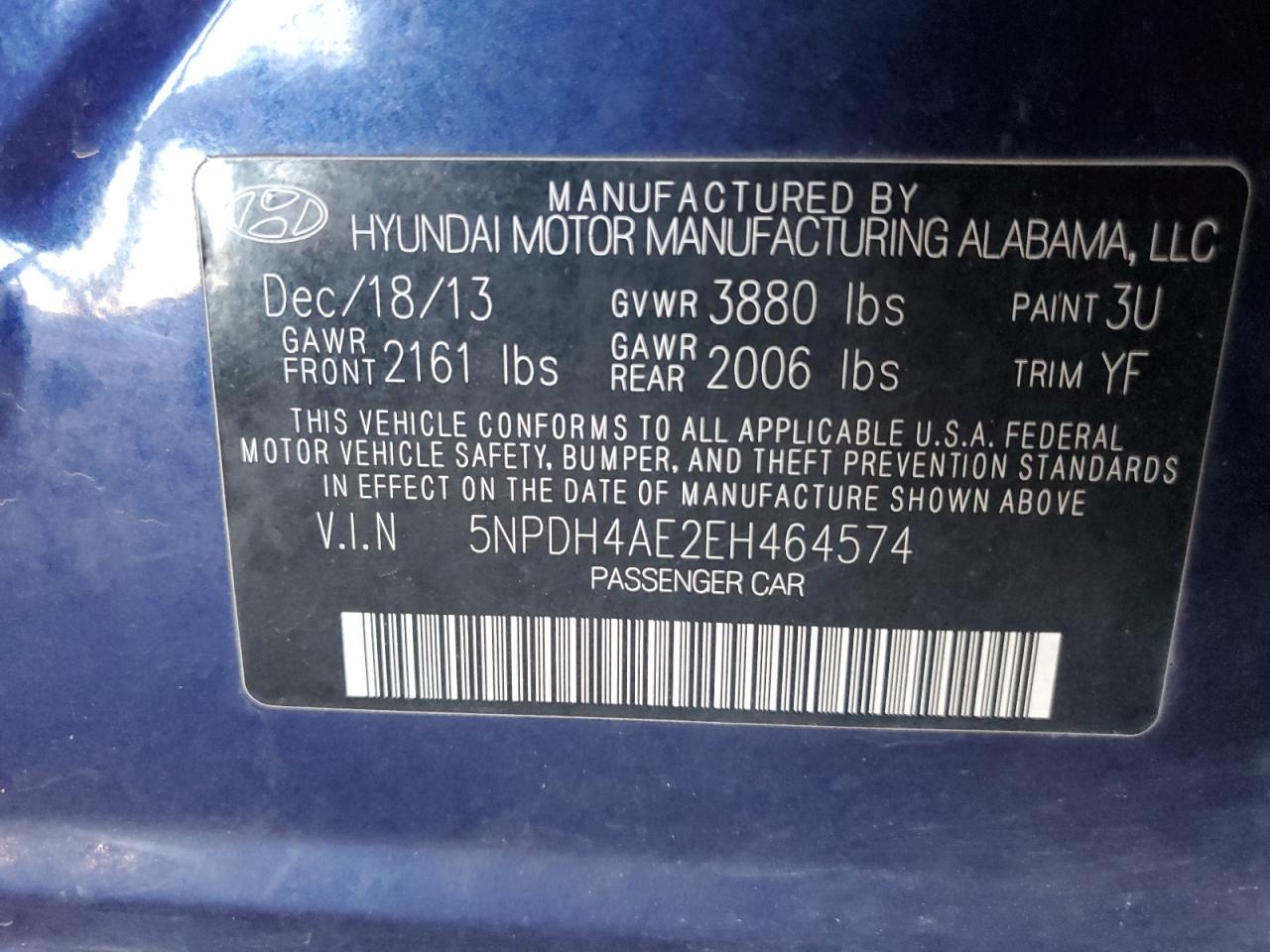 2014 Hyundai Elantra Se VIN: 5NPDH4AE2EH464574 Lot: 81953285