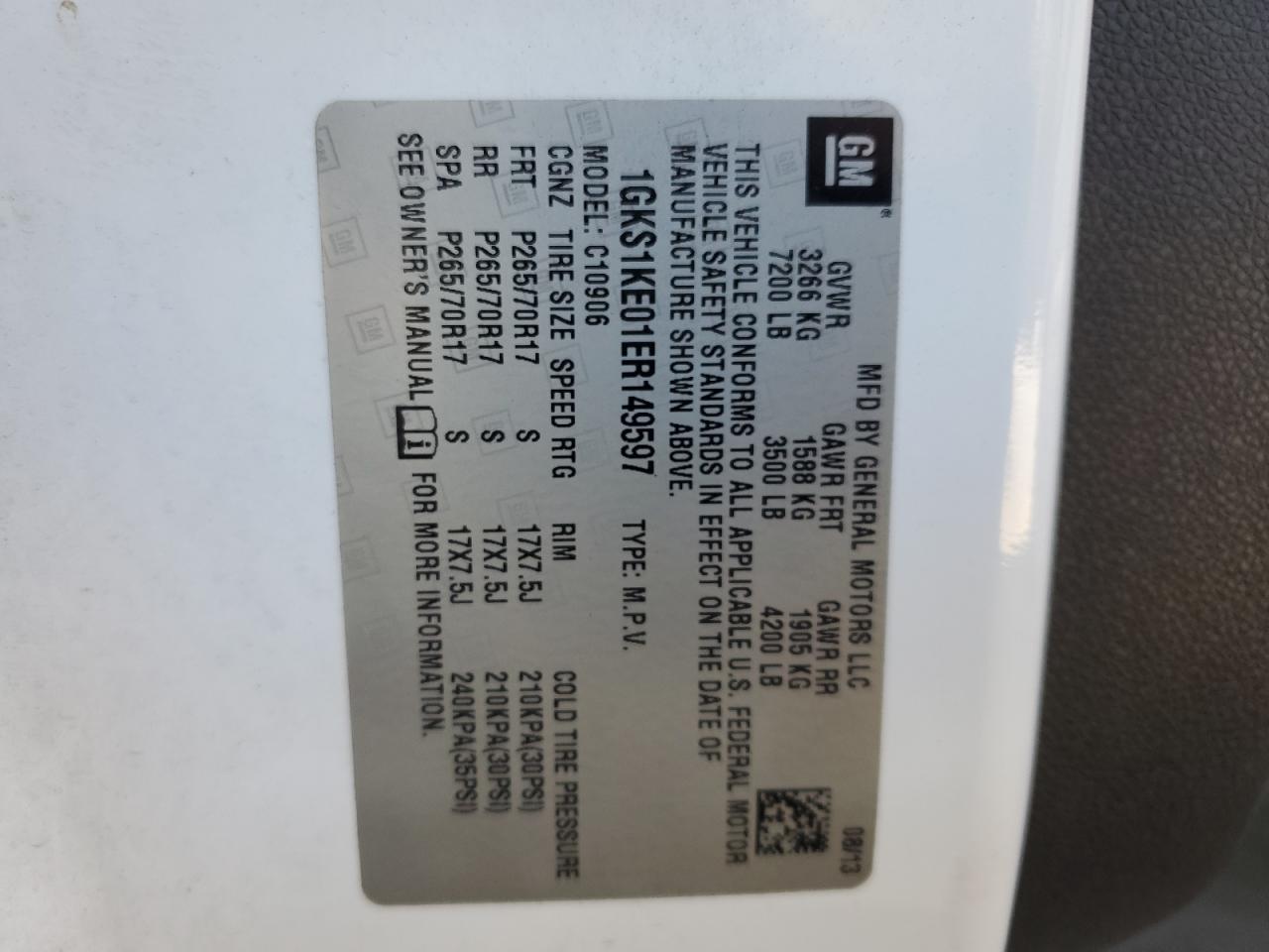 2014 GMC Yukon Xl C1500 Slt VIN: 1GKS1KE01ER149597 Lot: 82615045