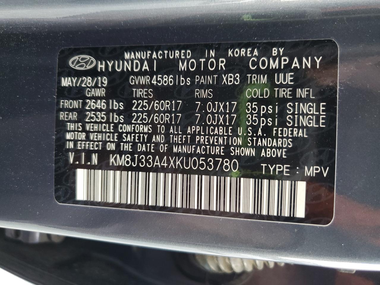 2019 Hyundai Tucson Limited VIN: KM8J33A4XKU053780 Lot: 82344105