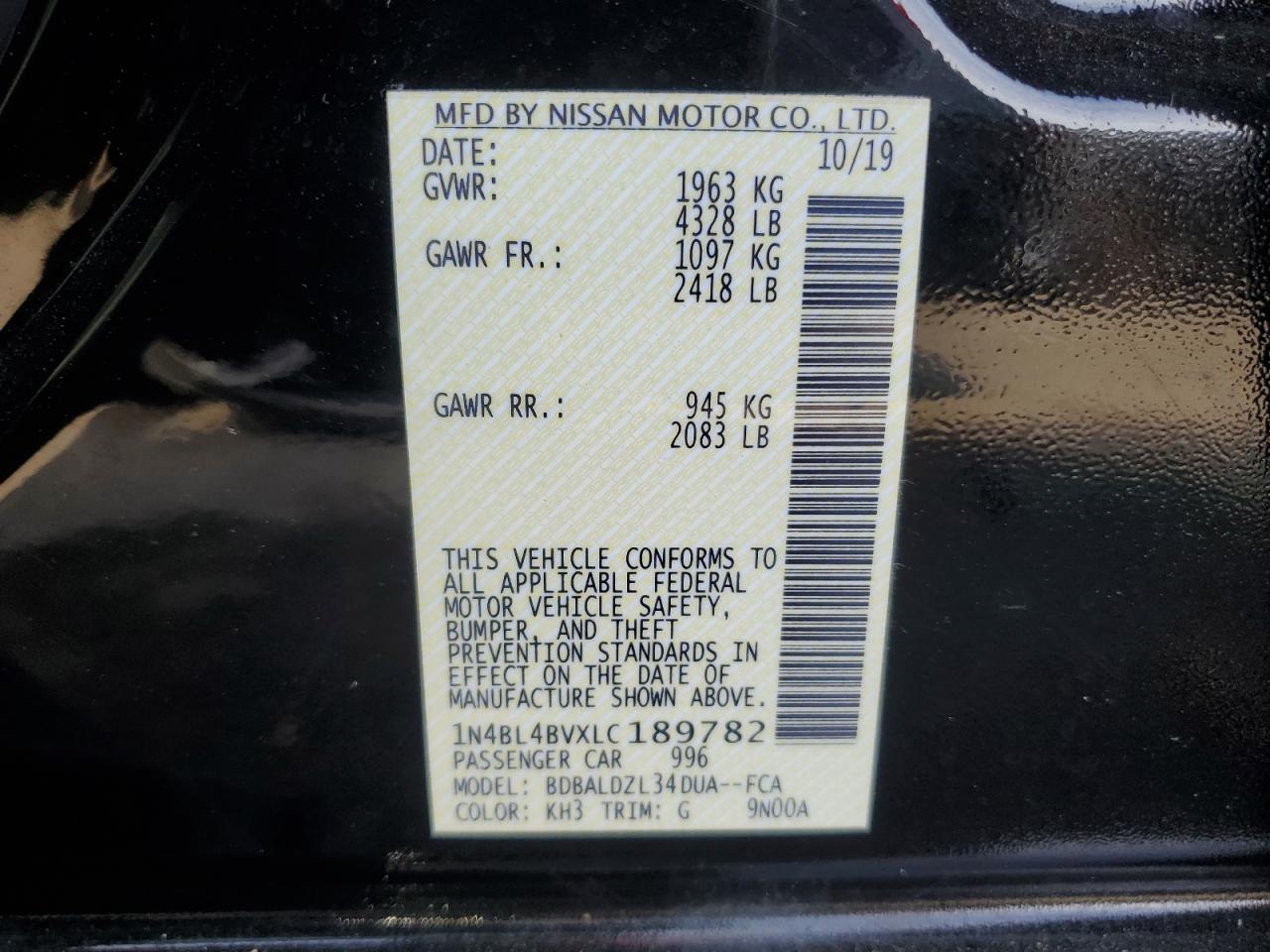 2020 Nissan Altima S VIN: 1N4BL4BVXLC189782 Lot: 67621615