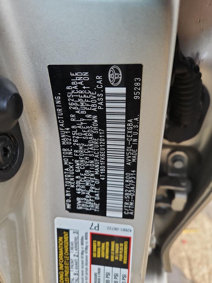 2014 Toyota Camry Hybrid VIN: 4T1BD1FK6EU120117 Lot: 93717295