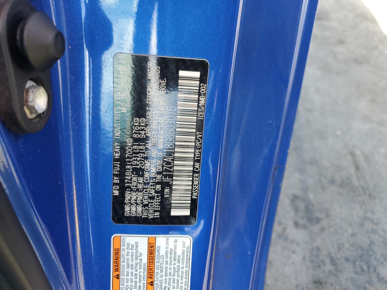 2016 Subaru Brz 2.0 Limited VIN: JF1ZCAC18G8603076 Lot: 86279945