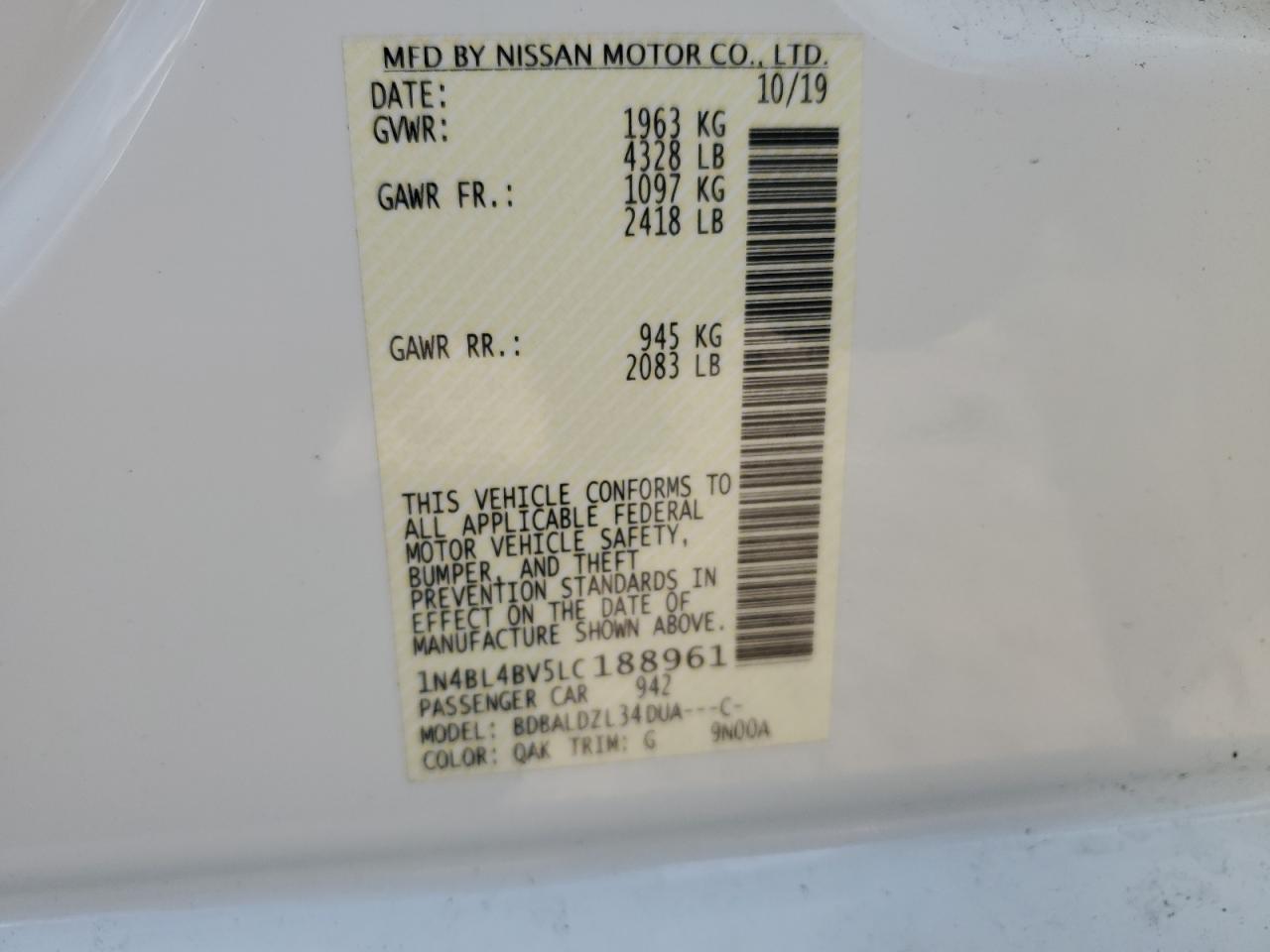 2020 Nissan Altima S VIN: 1N4BL4BV5LC188961 Lot: 85345235