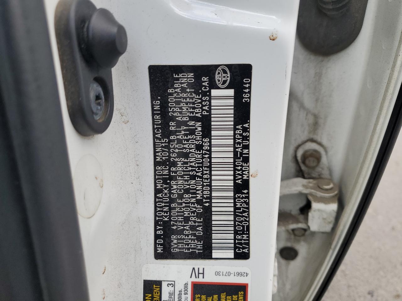 2015 Toyota Avalon Hybrid VIN: 4T1BD1EBXFU047966 Lot: 86341455