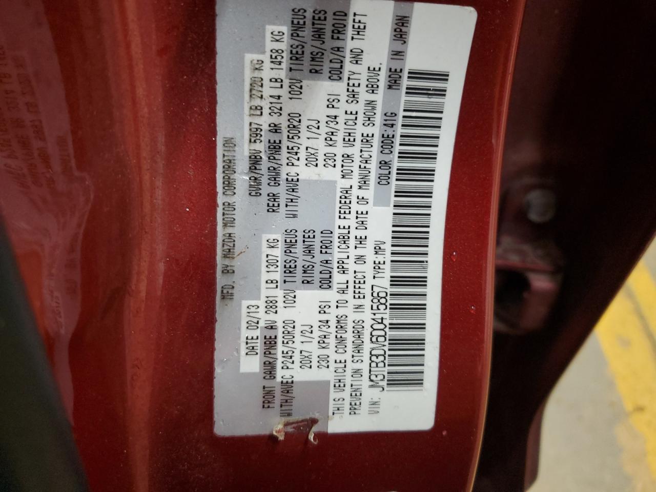 2013 Mazda Cx-9 Grand Touring VIN: JM3TB3DV6D0415867 Lot: 90338215