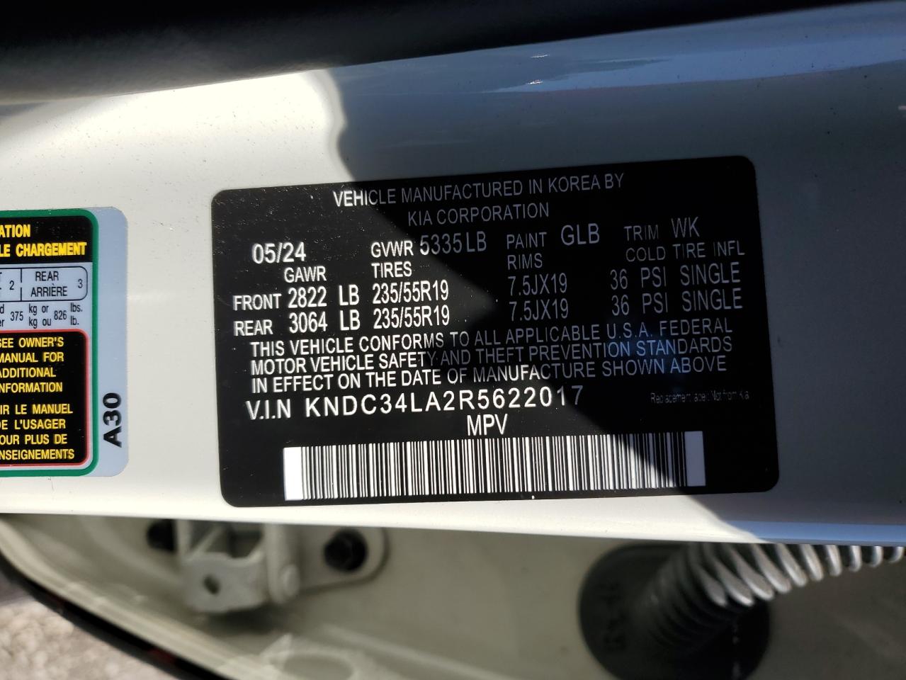 2024 Kia Ev6 Light VIN: KNDC34LA2R5622017 Lot: 86276855