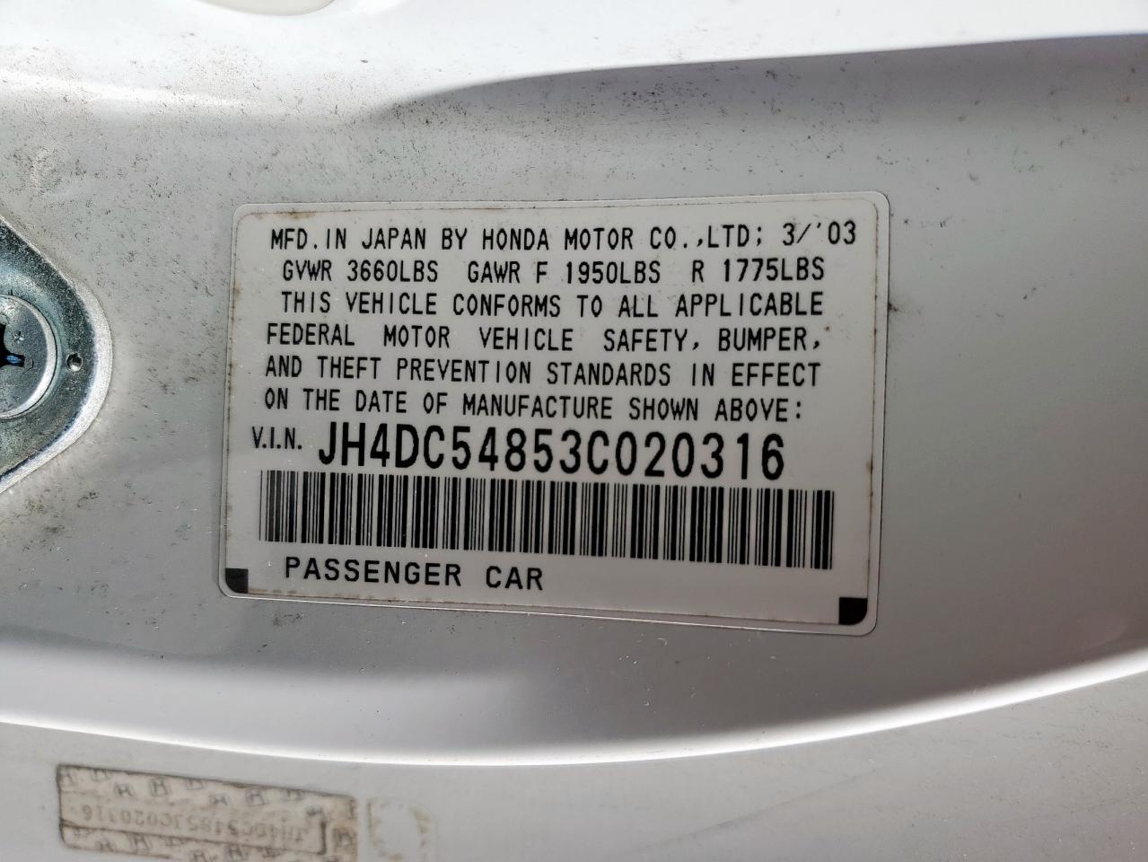 2003 Acura Rsx VIN: JH4DC54853C020316 Lot: 85268795