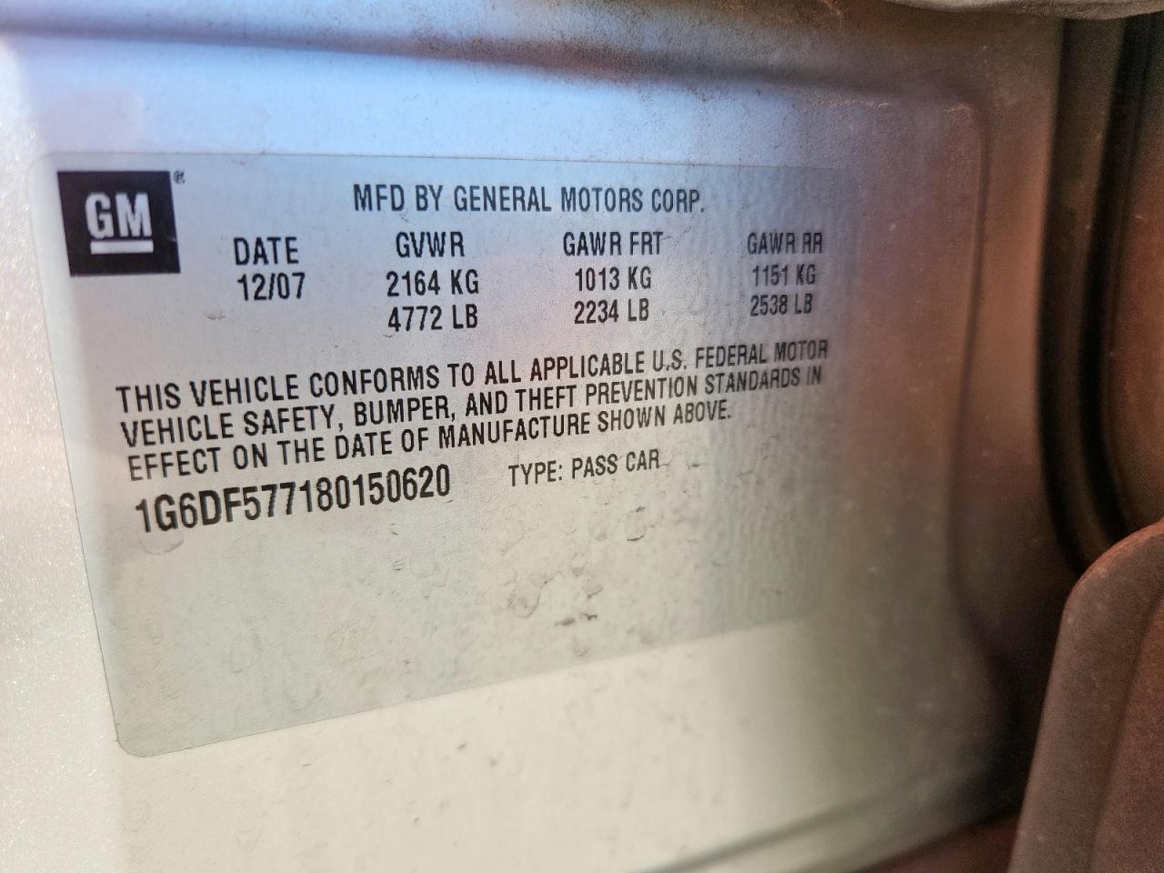 2008 Cadillac Cts VIN: 1G6DF577180150620 Lot: 87215435