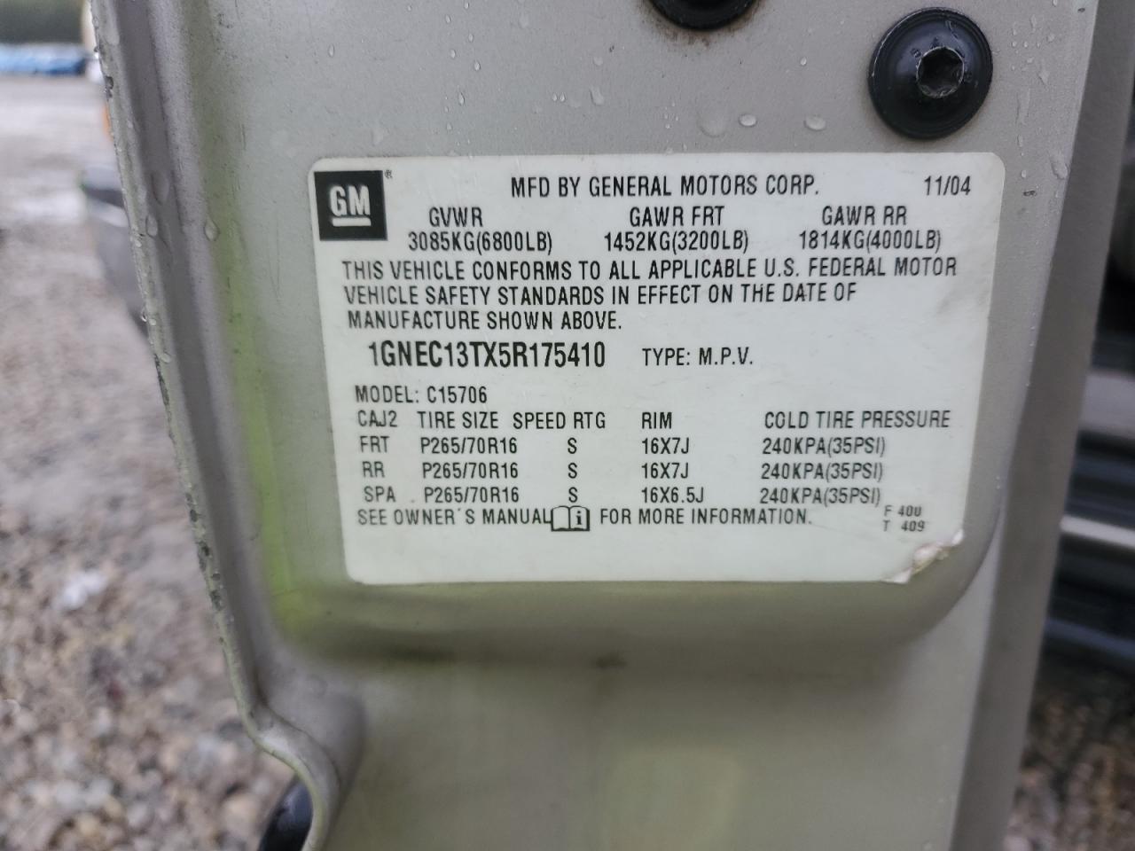 2005 Chevrolet Tahoe C1500 VIN: 1GNEC13TX5R175410 Lot: 90619415