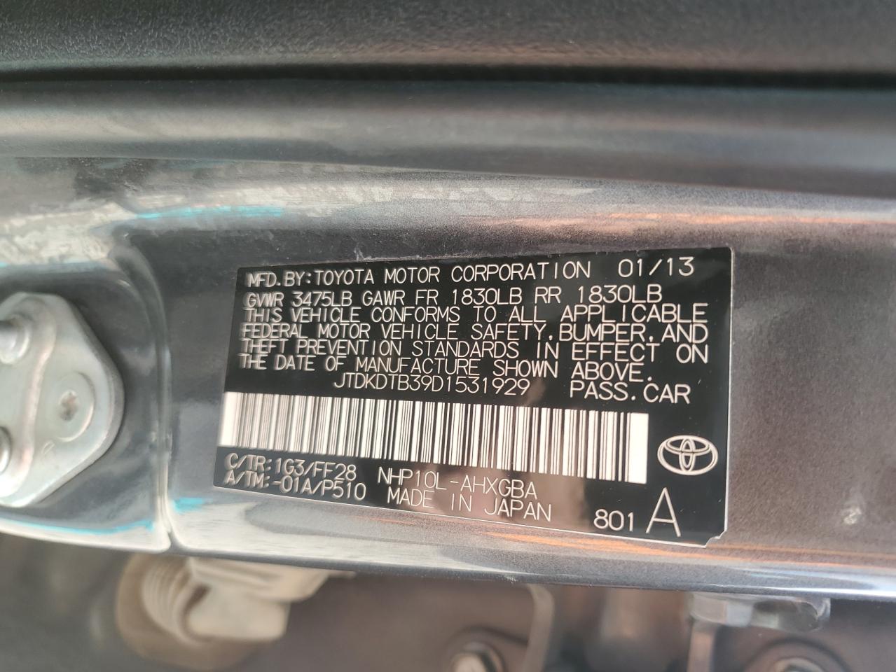 2013 Toyota Prius C VIN: JTDKDTB39D1531929 Lot: 89614265