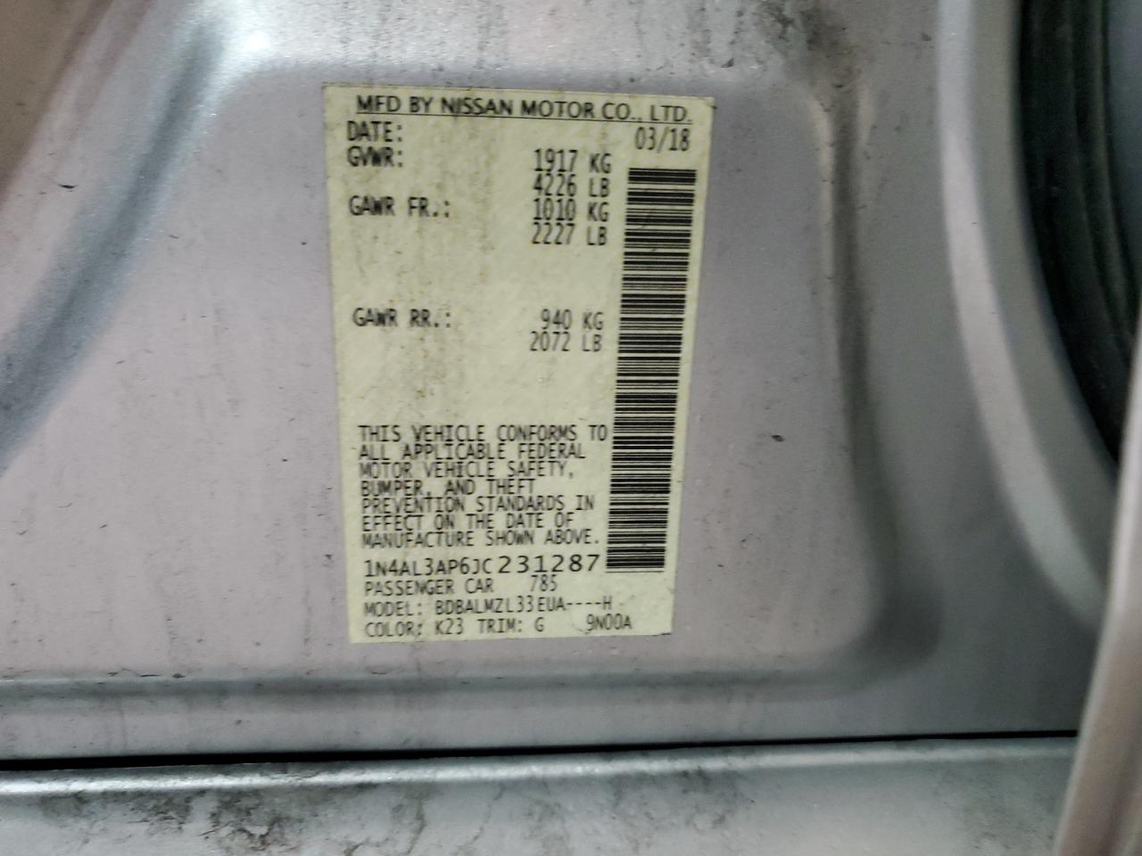 2018 Nissan Altima 2.5 VIN: 1N4AL3AP6JC231287 Lot: 85839725