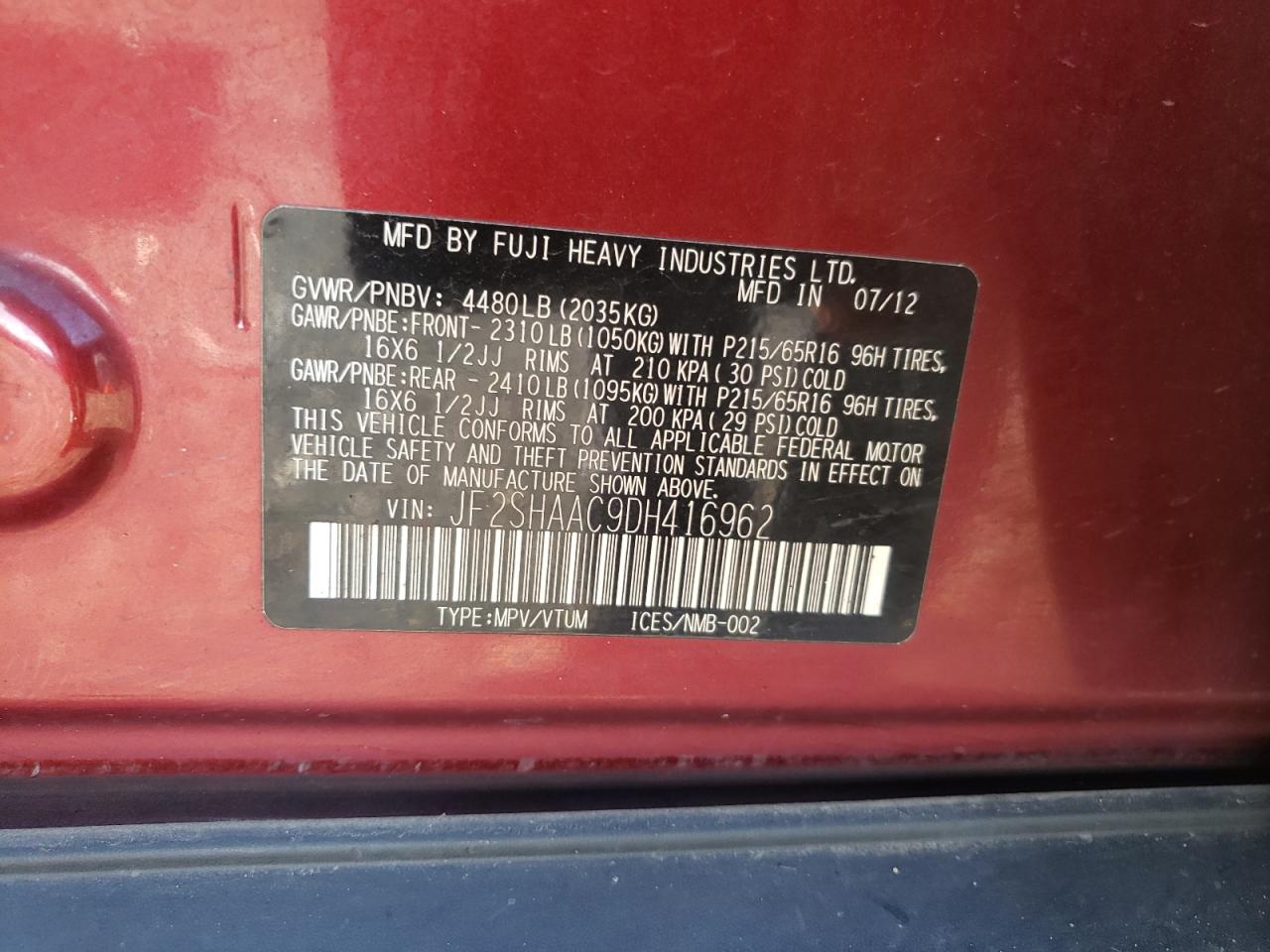 2013 Subaru Forester 2.5X VIN: JF2SHAAC9DH416962 Lot: 84930865