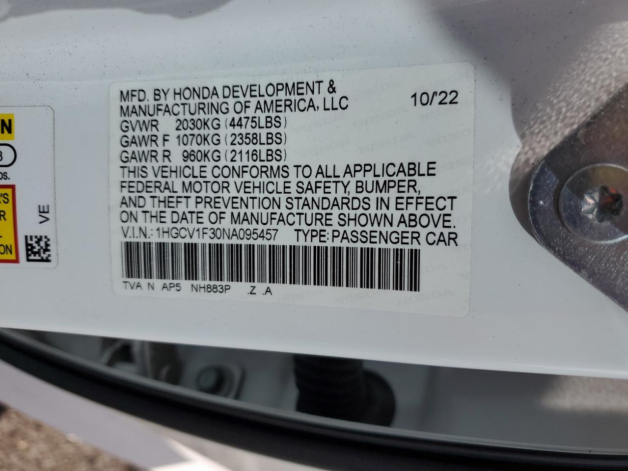 2022 Honda Accord Sport VIN: 1HGCV1F30NA095457 Lot: 85167195
