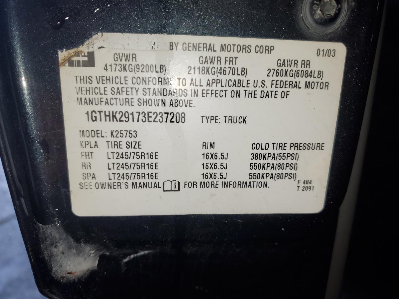 2003 GMC Sierra K2500 Heavy Duty VIN: 1GTHK29173E237208 Lot: 90313845