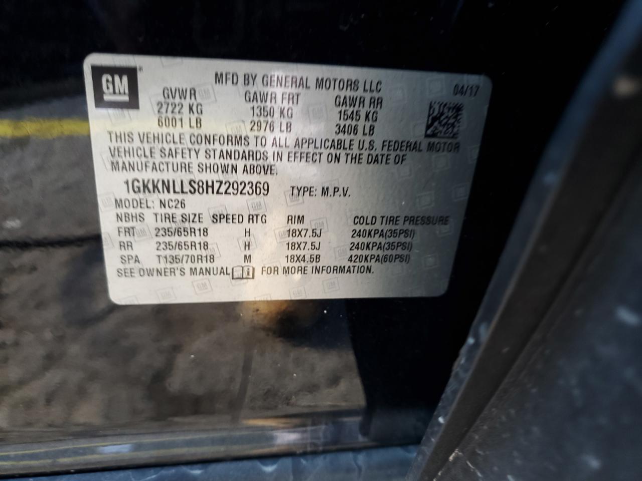 2017 GMC Acadia Sle VIN: 1GKKNLLS8HZ292369 Lot: 85500315