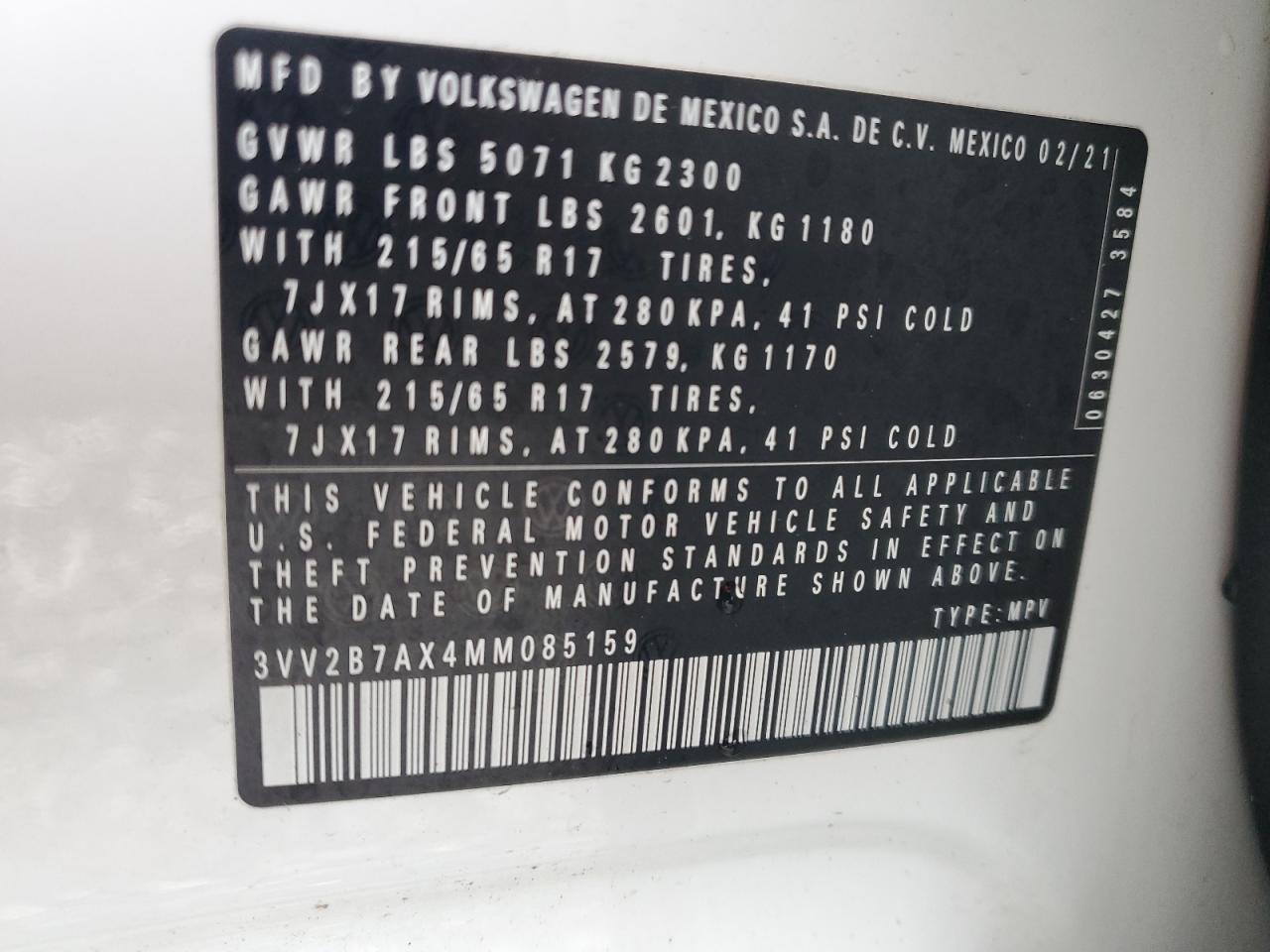 2021 Volkswagen Tiguan Se VIN: 3VV2B7AX4MM085159 Lot: 84725305